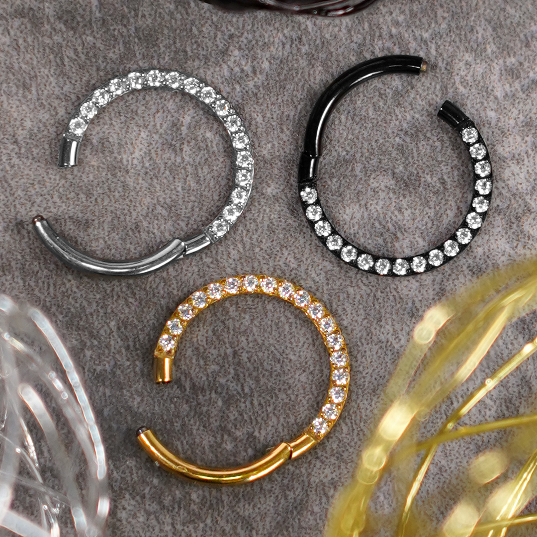 Titanium Hinged Septum Ring With Clear Gems Titanium Hinged Septum Ring 1.2mm Gauge in Gold with Clear Gems