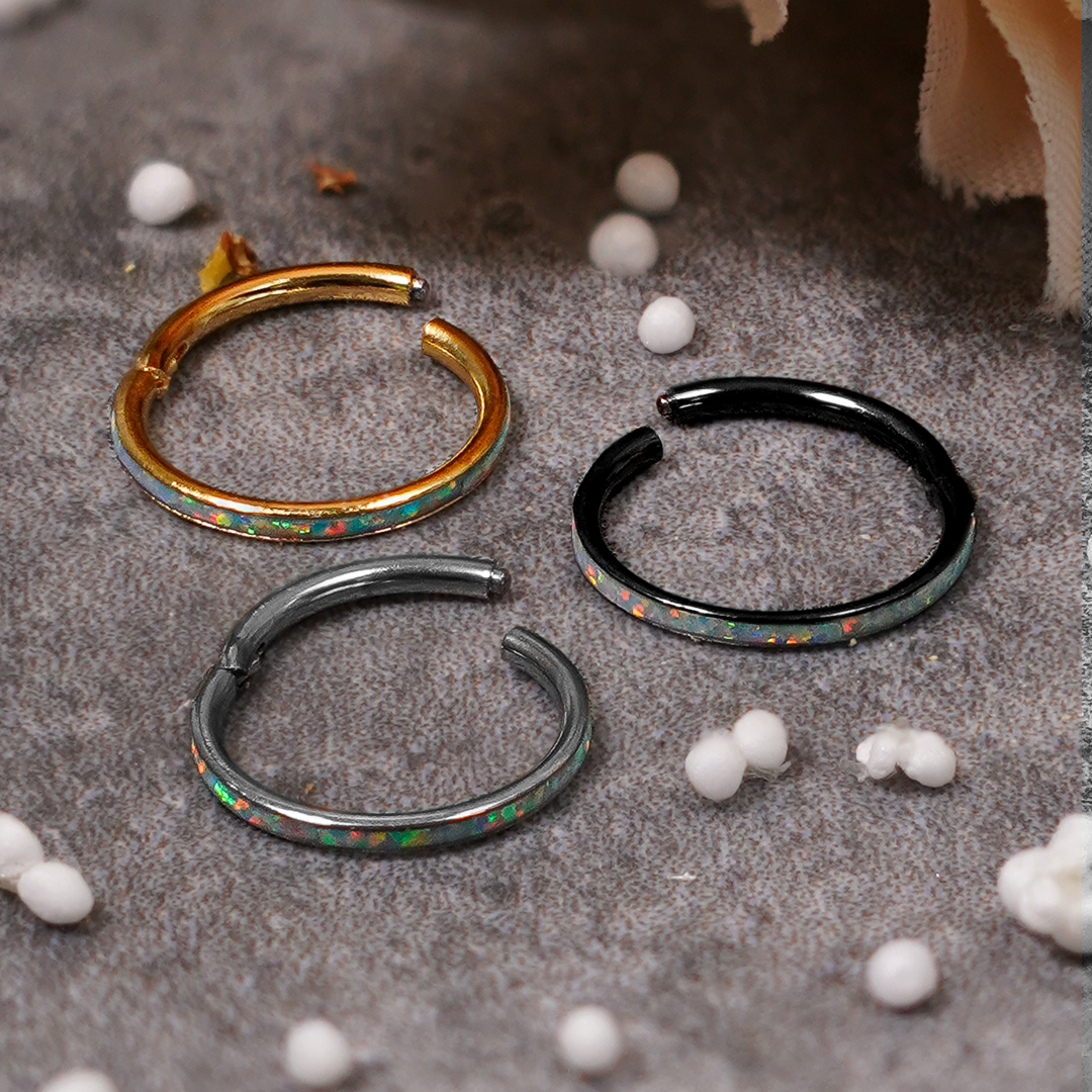 Titanium Hinged Opal Septum Ring Titanium Hinged Opal Septum Ring 1.2mm Gauge in Black