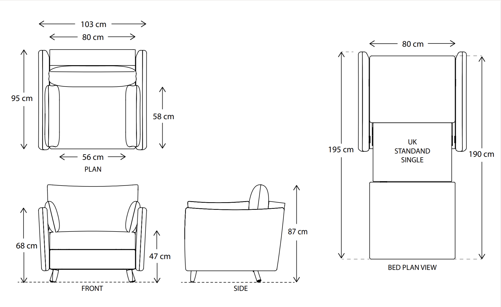 armchair bed sofa dimensions