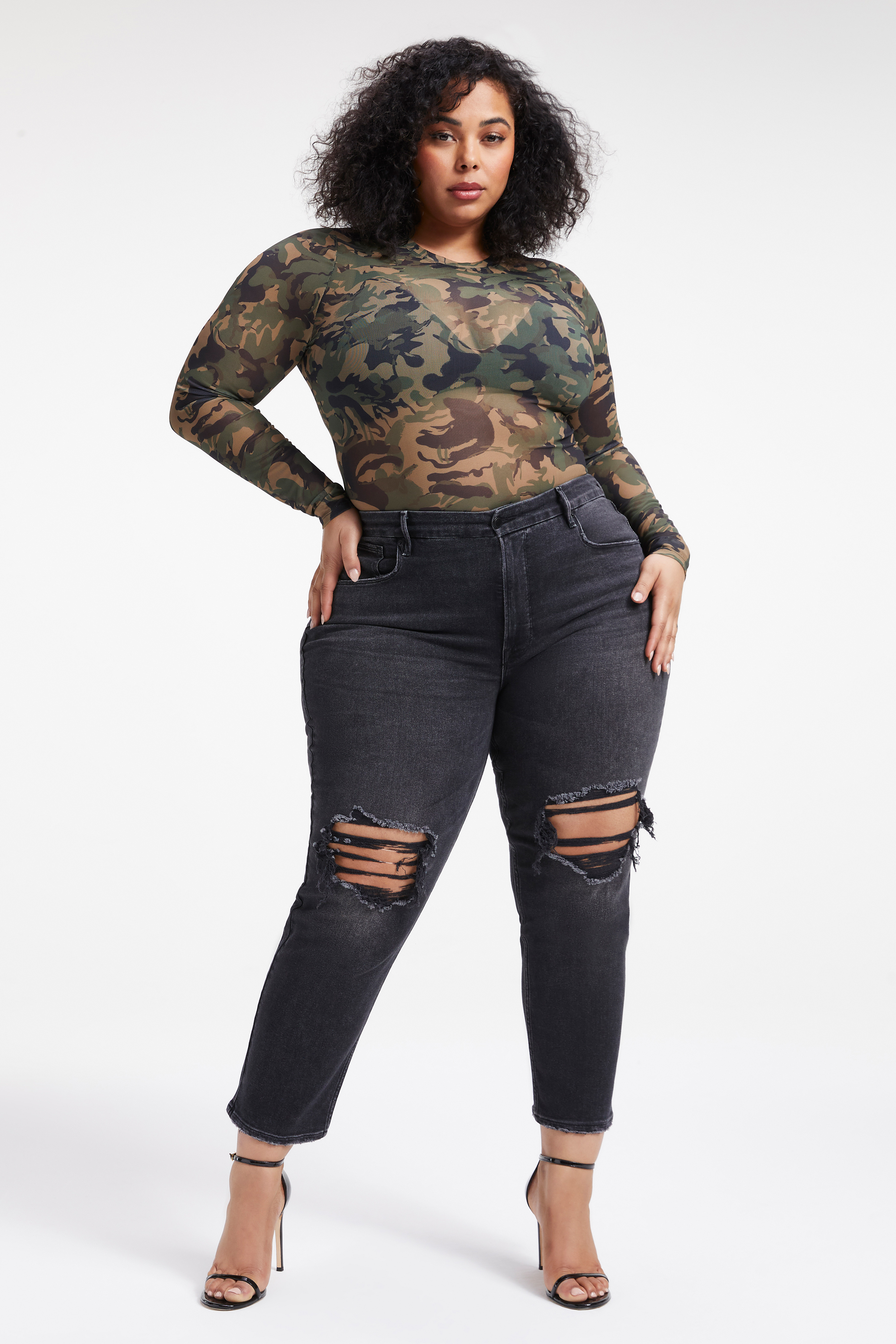 MESH CREWNECK BODYSUIT in LEAF CAMO001 styled with our or GOOD WAIST JEANS in BLACK275