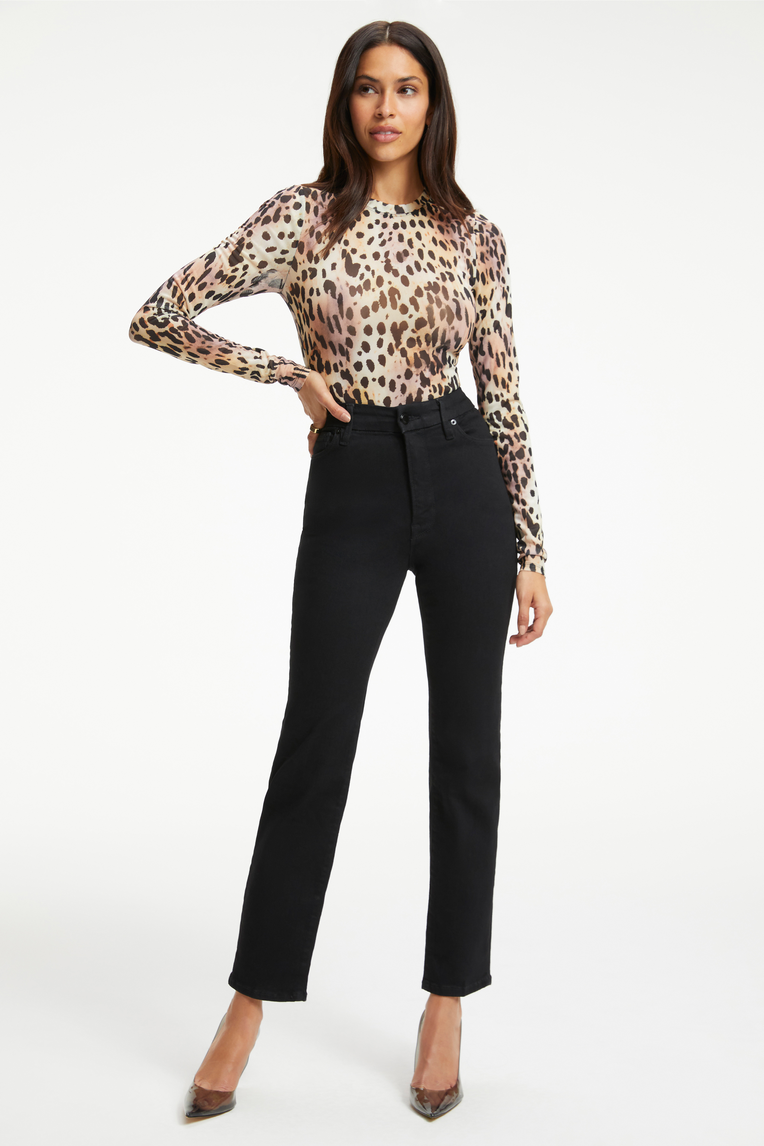 MESH CREWNECK BODYSUIT in ROSE CHEETAH001 styled with our ALWAYS FITS GOOD CLASSIC JEANS in BLACK165, GOOD LEGS JEANS in BLACK184, or GOOD ICON SHORT in BLACK277