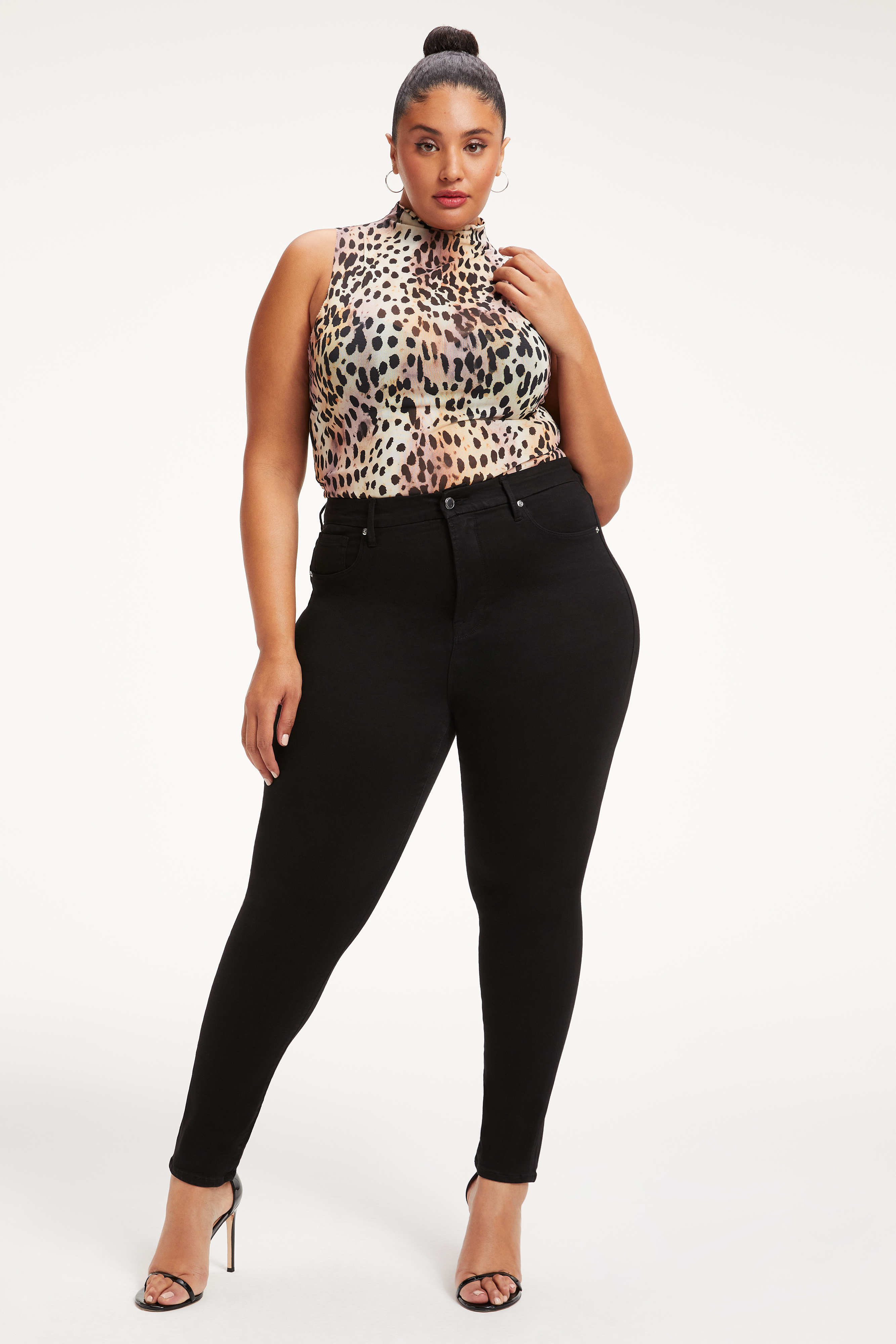 MESH FUNNEL TANK BODYSUIT in ROSE CHEETAH001 styled with our GOOD LEGS JEANS in BLACK184, or ALWAYS FITS GOOD CLASSIC JEANS in BLACK165