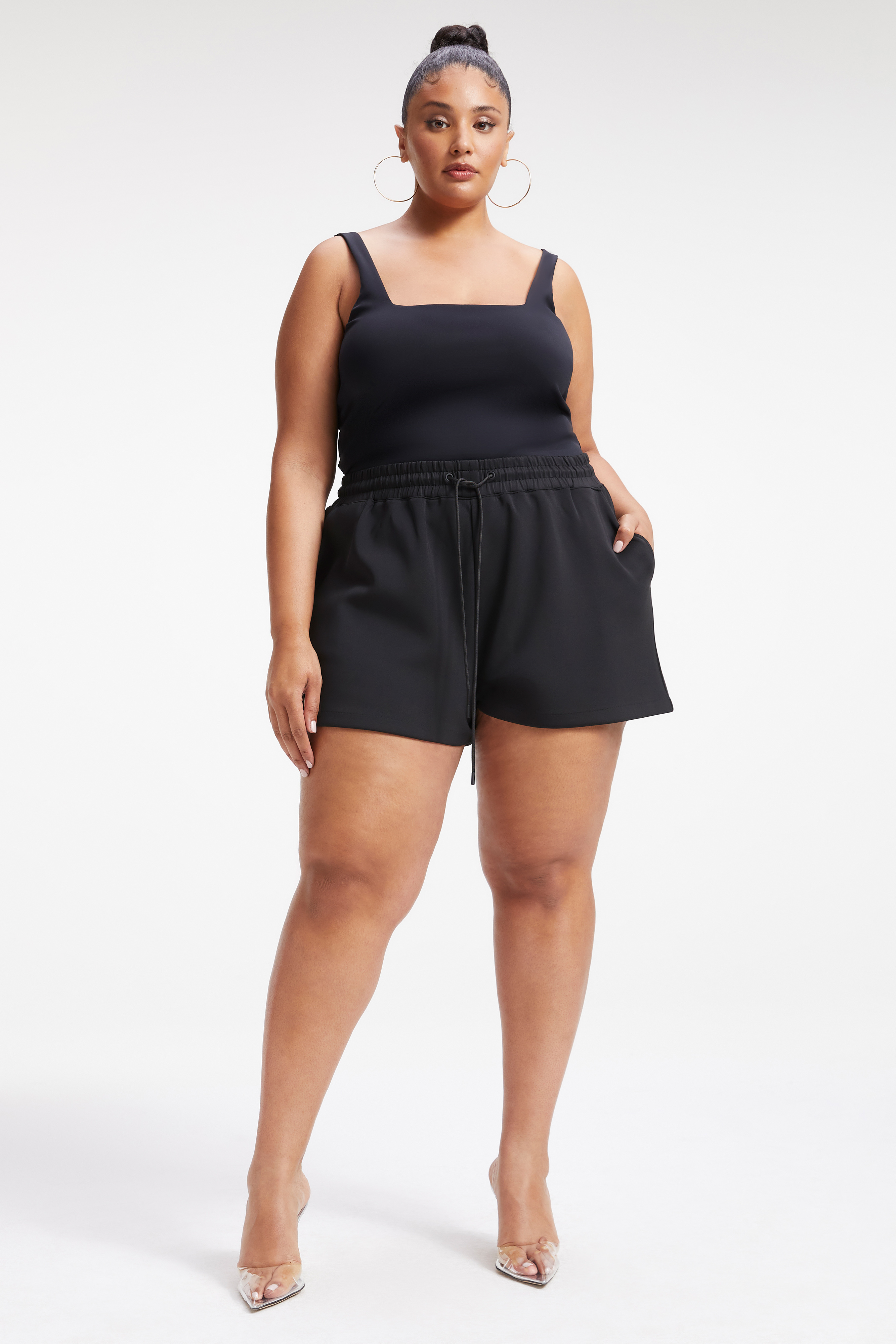 SCUBA DRAWSTRING SHORTS in BLACK001 styled with our GOOD FORM MODERN TANK BODY in BLACK001,