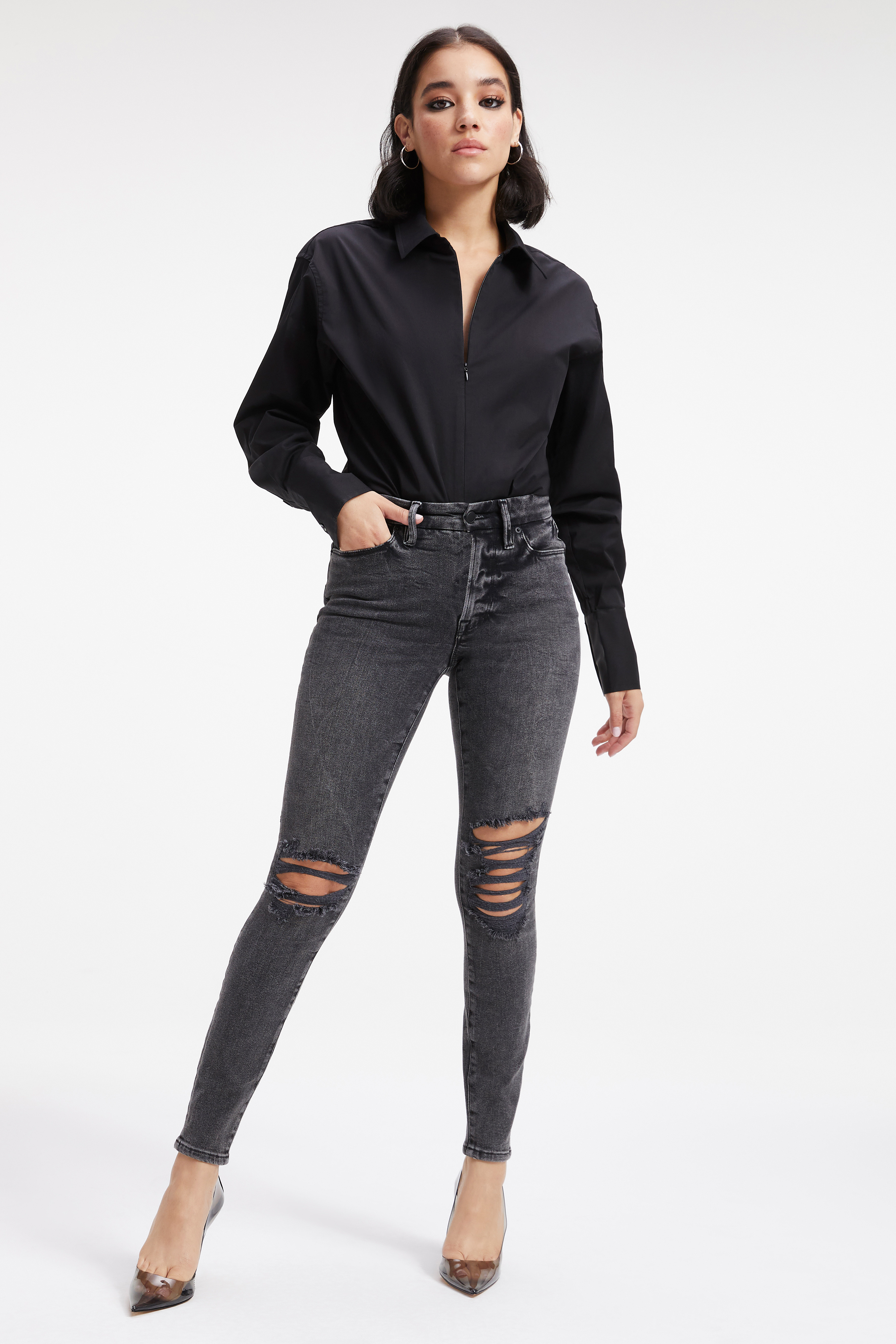 ZIP FRONT POPLIN BODYSUIT in BLACK001 styled with our ALWAYS FITS GOOD LEGS in DEEP BLUE002, GOOD LEGS LOW W/ SHADOW POCKET in BLACK262, or GOOD LEGS CROP W/ MINI SLIT in BLACK261