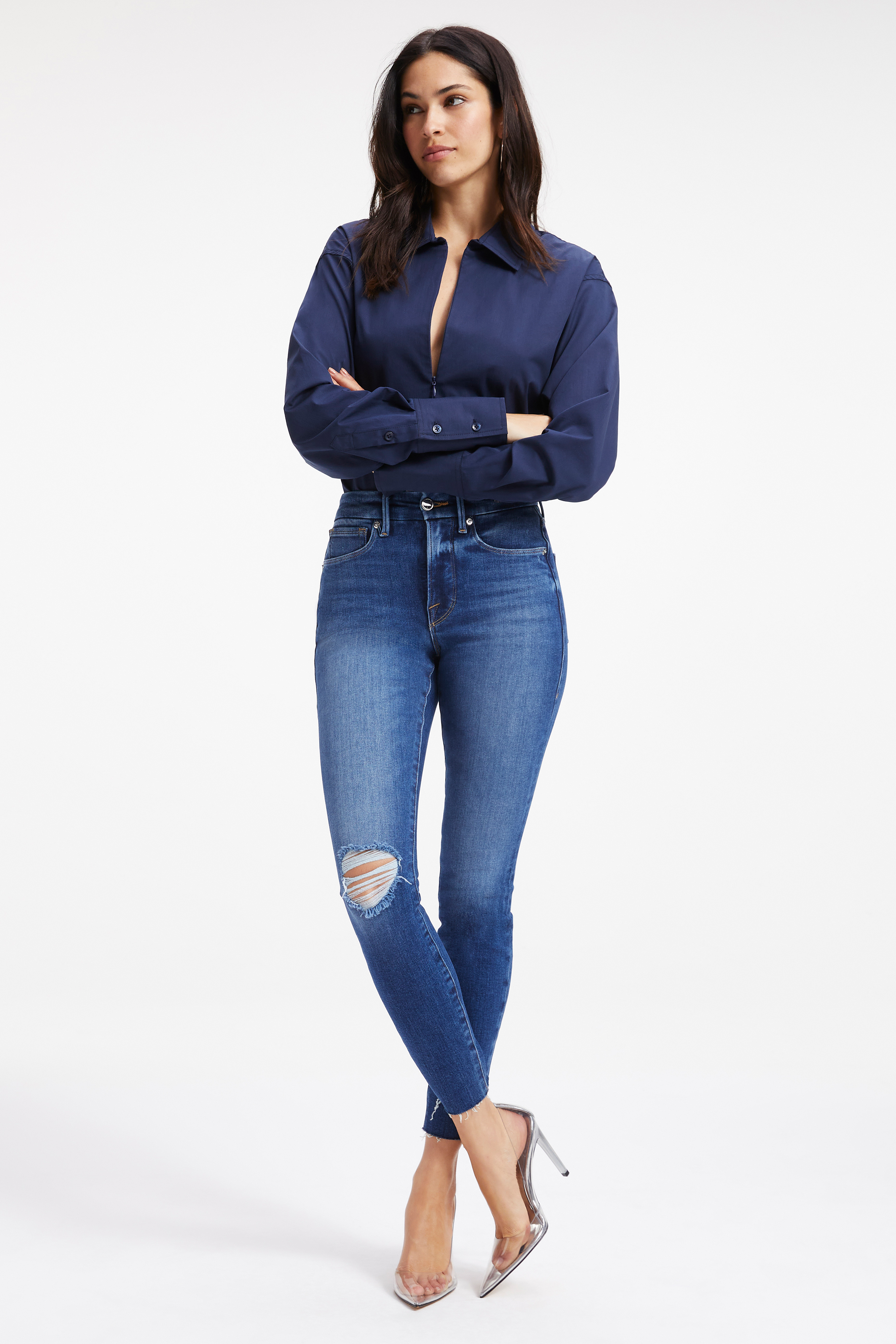 ZIP FRONT POPLIN BODYSUIT in NAVY001 styled with our GOOD LEGS in BLUE004, or GOOD LEGS CROPPED JEANS in INDIGO008