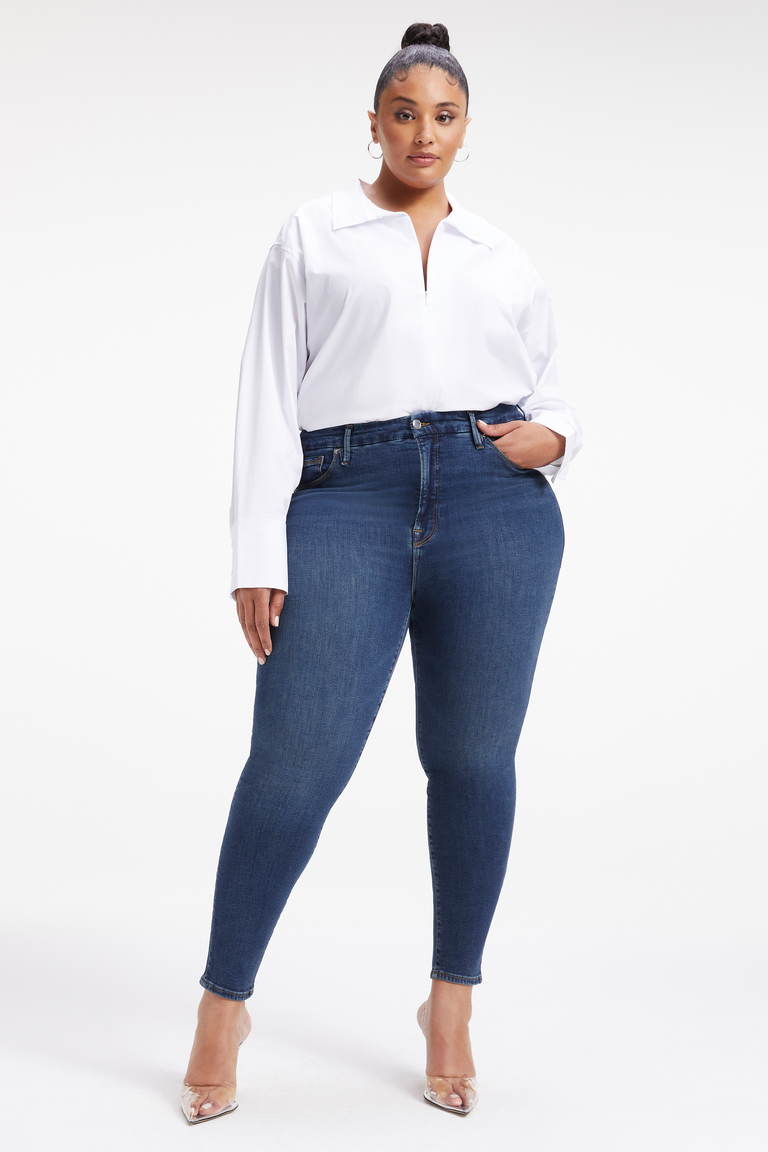 ZIP FRONT POPLIN BODYSUIT in WHITE001 styled with our GOOD LEGS in BLUE224, ALWAYS FITS GOOD LEGS in DEEP BLUE004, or GOOD LEGS in BLUE004