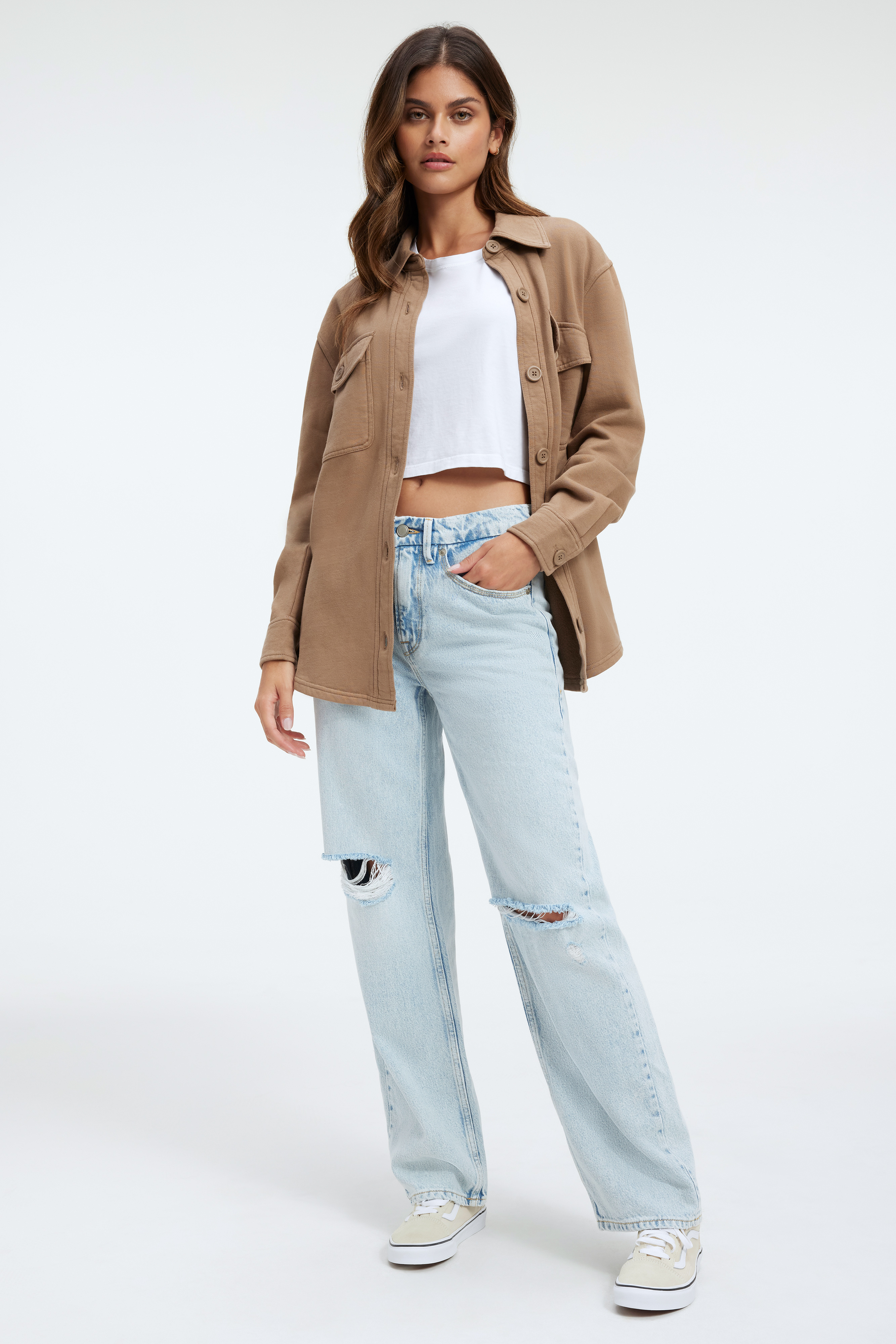 FLEECE SHACKET in PUTTY001 styled with our COTTON CROPPED TEE in WHITE001, or GOOD '90s JEANS in INDIGO161