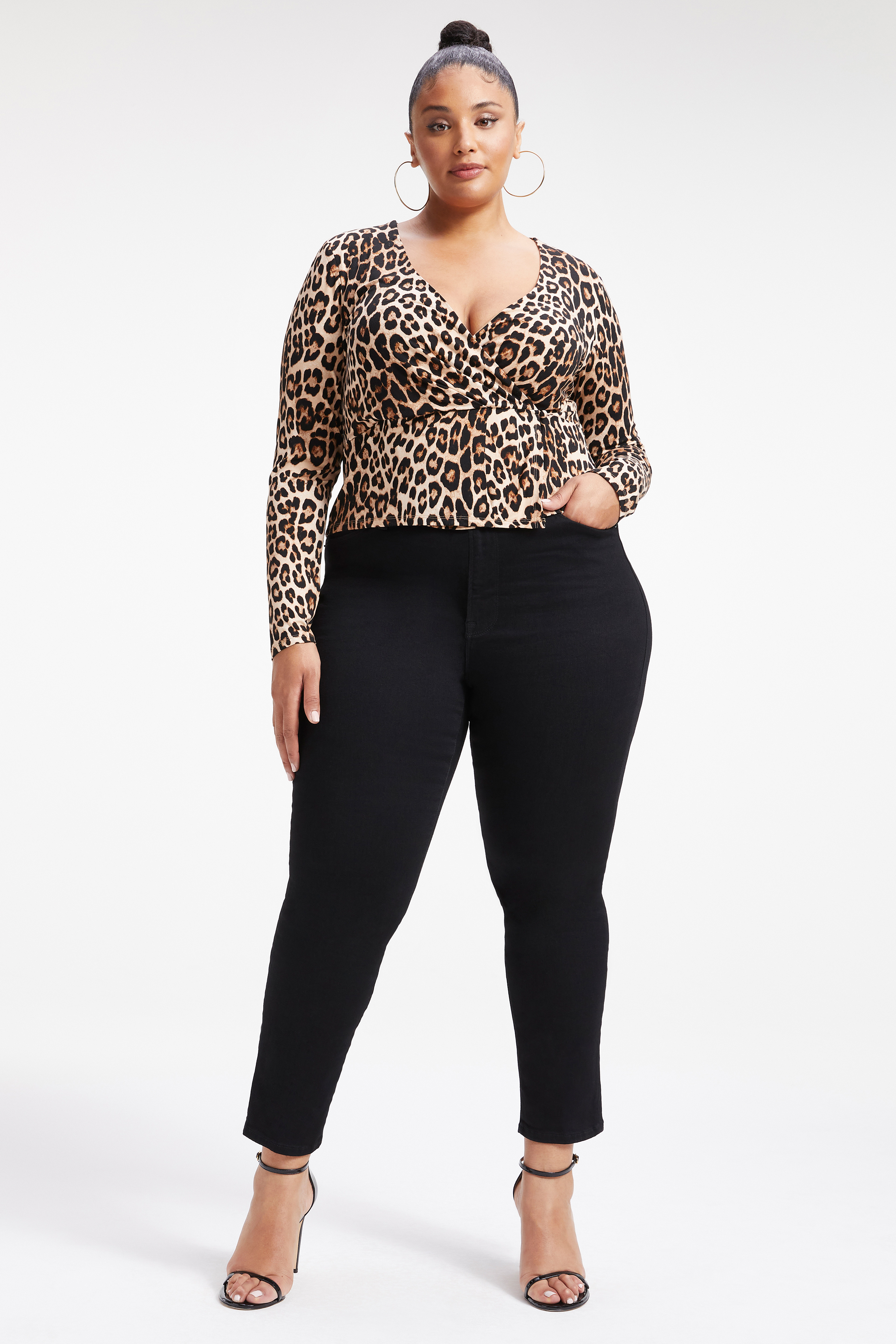 GOOD TOUCH WRAP TOP in GOOD LEOPARD003 styled with our GOOD LEGS CROP in BLACK001, GOOD LEGS RAW HEM in BLUE866, or ALWAYS FITS GOOD LEGS in DEEP BLUE001