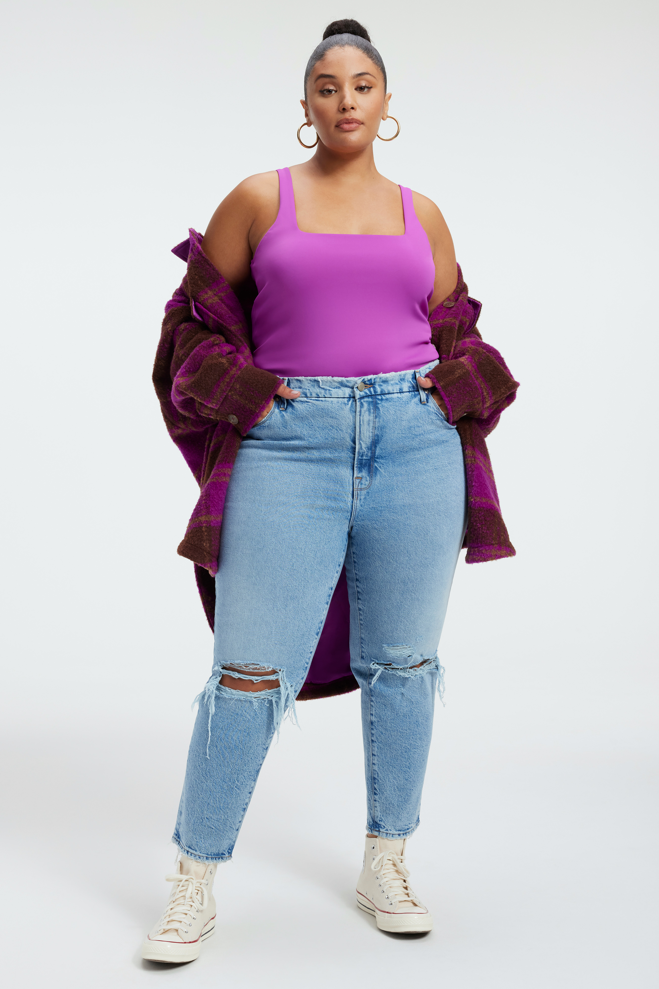 SCUBA MODERN TANK BODYSUIT in POWER PURPLE styled with our GOOD LEGS JEANS in BLUE833,