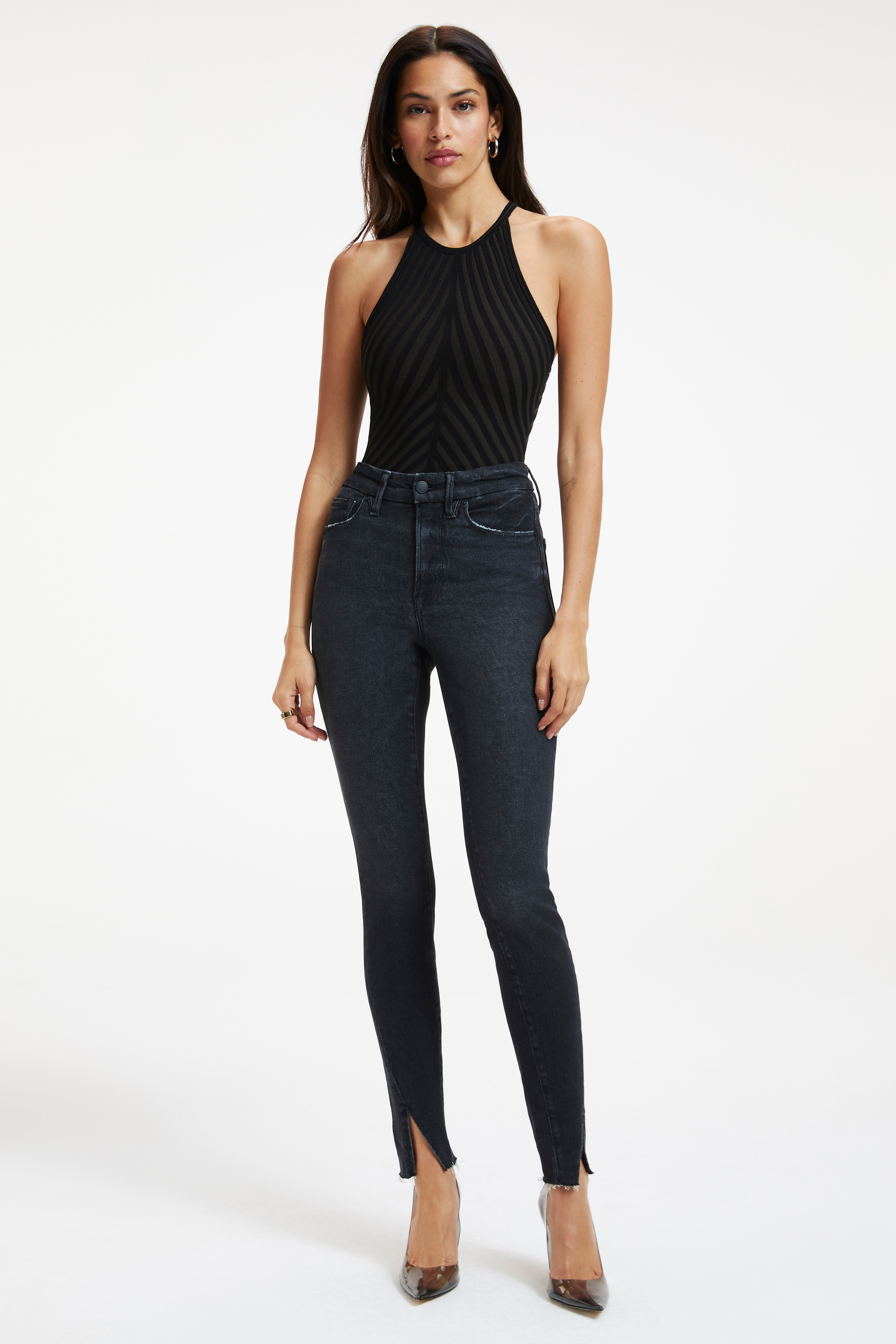 SOFT RIBBED HALTER BODYSUIT in BLACK001 styled with our GOOD BOY JEANS in BLACK295, ALWAYS FITS GOOD CLASSIC JEANS in BLACK165, or GOOD WAIST JEANS in BLACK275
