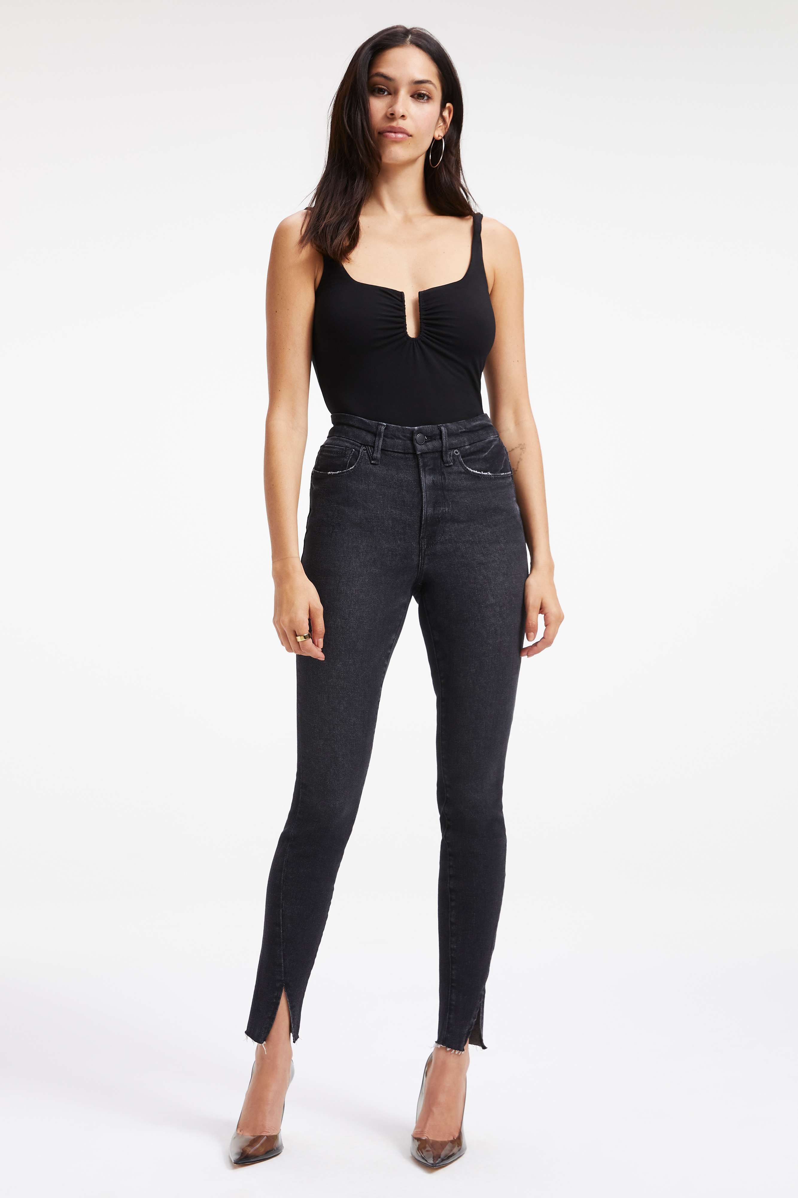 GOOD TOUCH RUCHED U RING BODYSUIT in BLACK001 styled with our GOOD STRAIGHT JEANS in BLACK184, or GOOD CURVE SKINNY JEANS in BLACK264