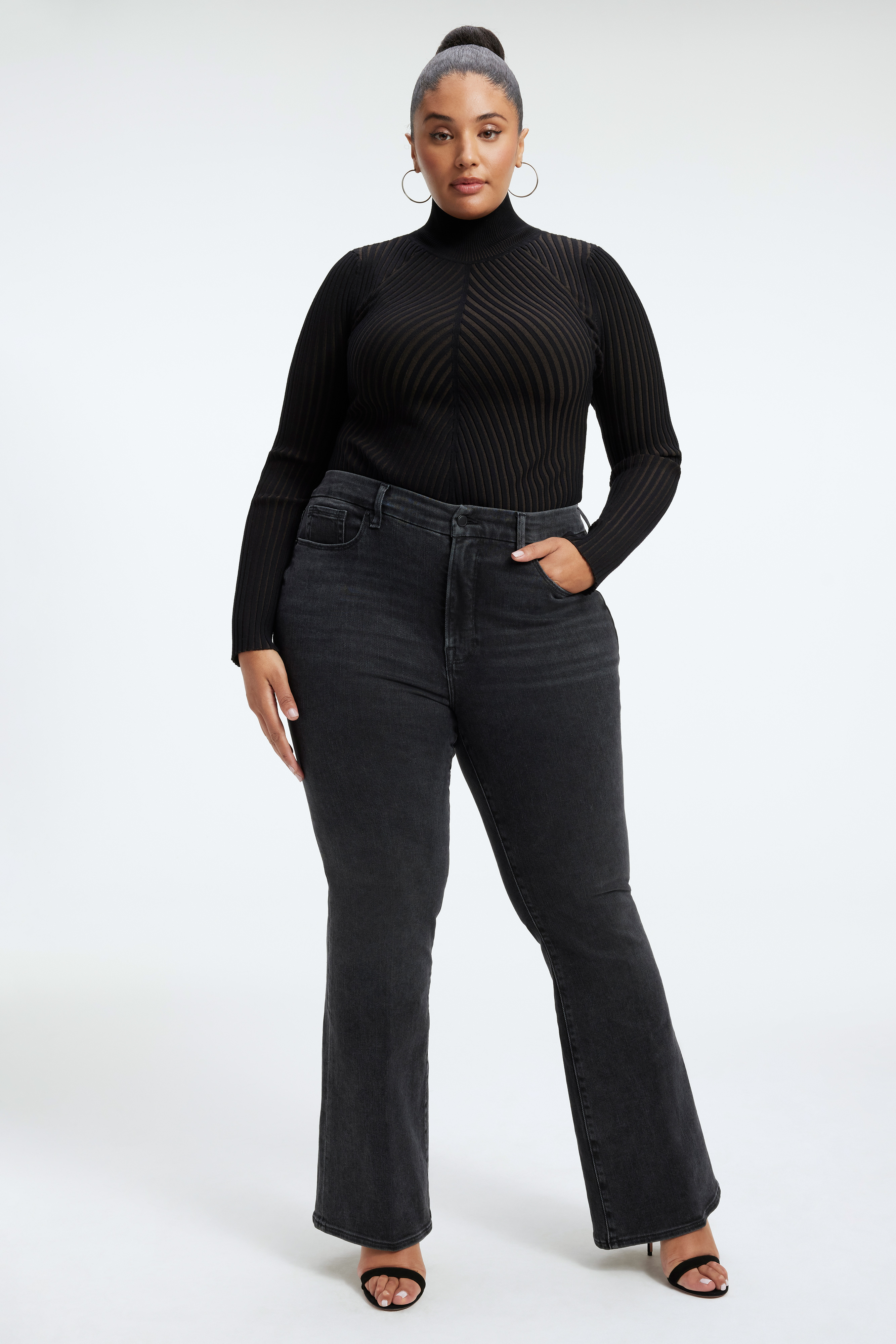 SOFT RIBBED BODYSUIT in BLACK001 styled with our ALWAYS FITS GOOD CLASSIC BOOT JEANS in DEEP BLUE004, GOOD PETITE BOOTCUT in BLACK284, or ALWAYS FITS GOOD CLASSIC BOOTCUT JEANS in BLACK164