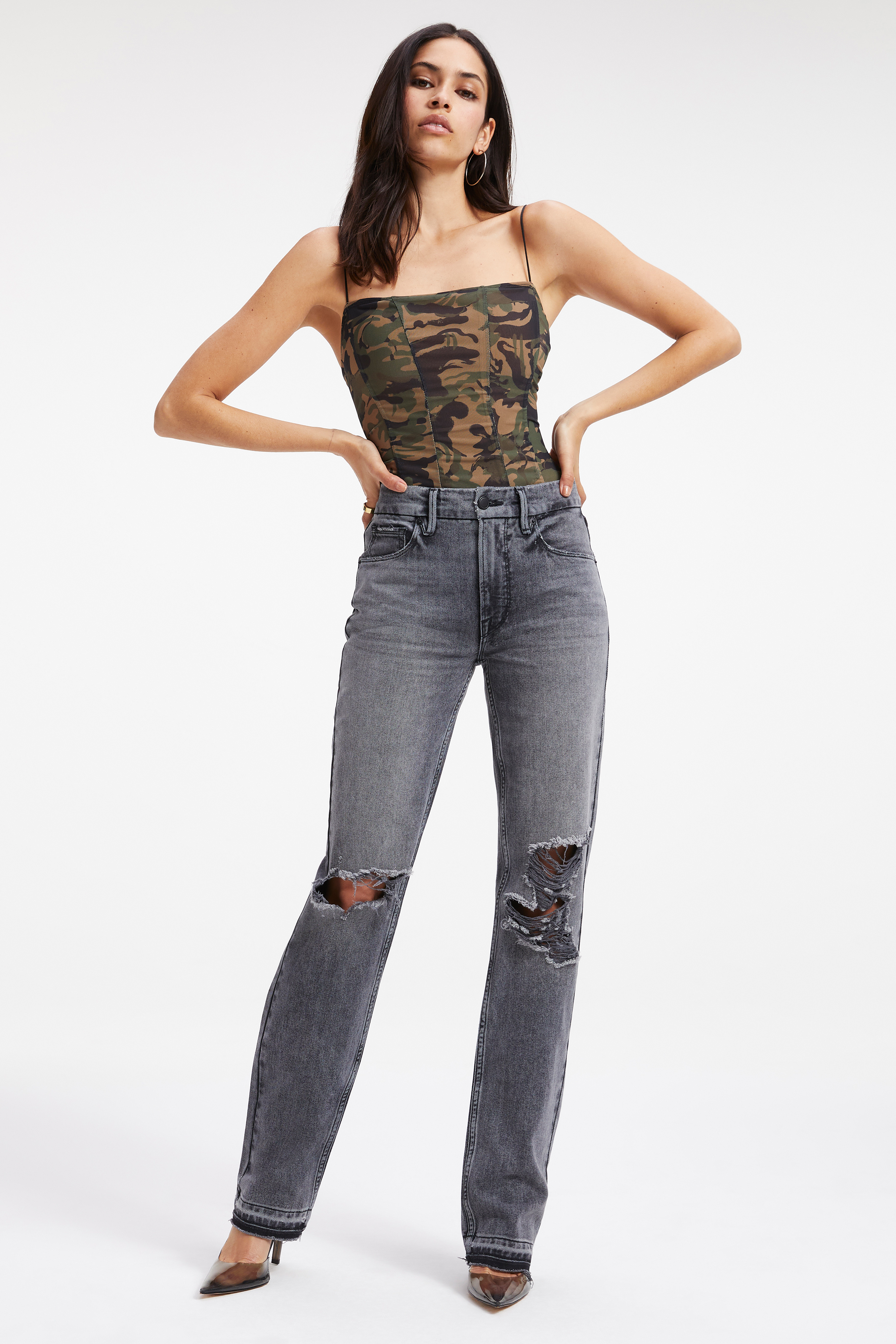 MESH CORSET BODYSUIT in LEAF CAMO001 styled with our ALWAYS FITS GOOD WAIST JEANS in BLACK164,