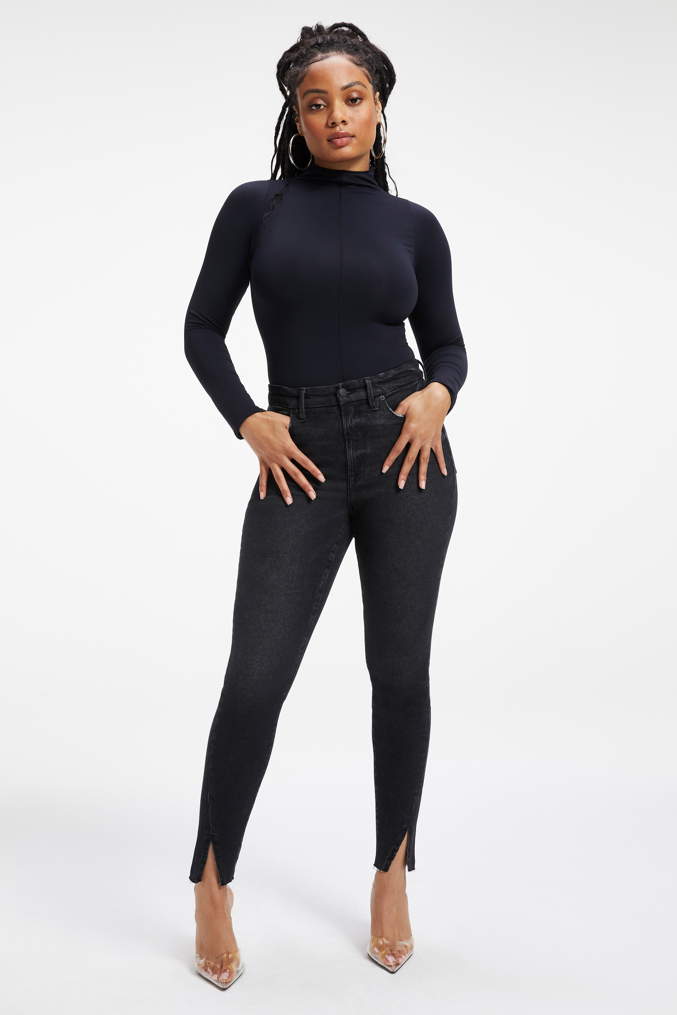 SCULPTED BODYSUIT in BLACK001 styled with our SCUBA SLIM ZIP in BLACK001, SHINE COMPRESSION SLIM ZIP in BLACK001, or SCUBA STRAIGHT CROP in BLACK001