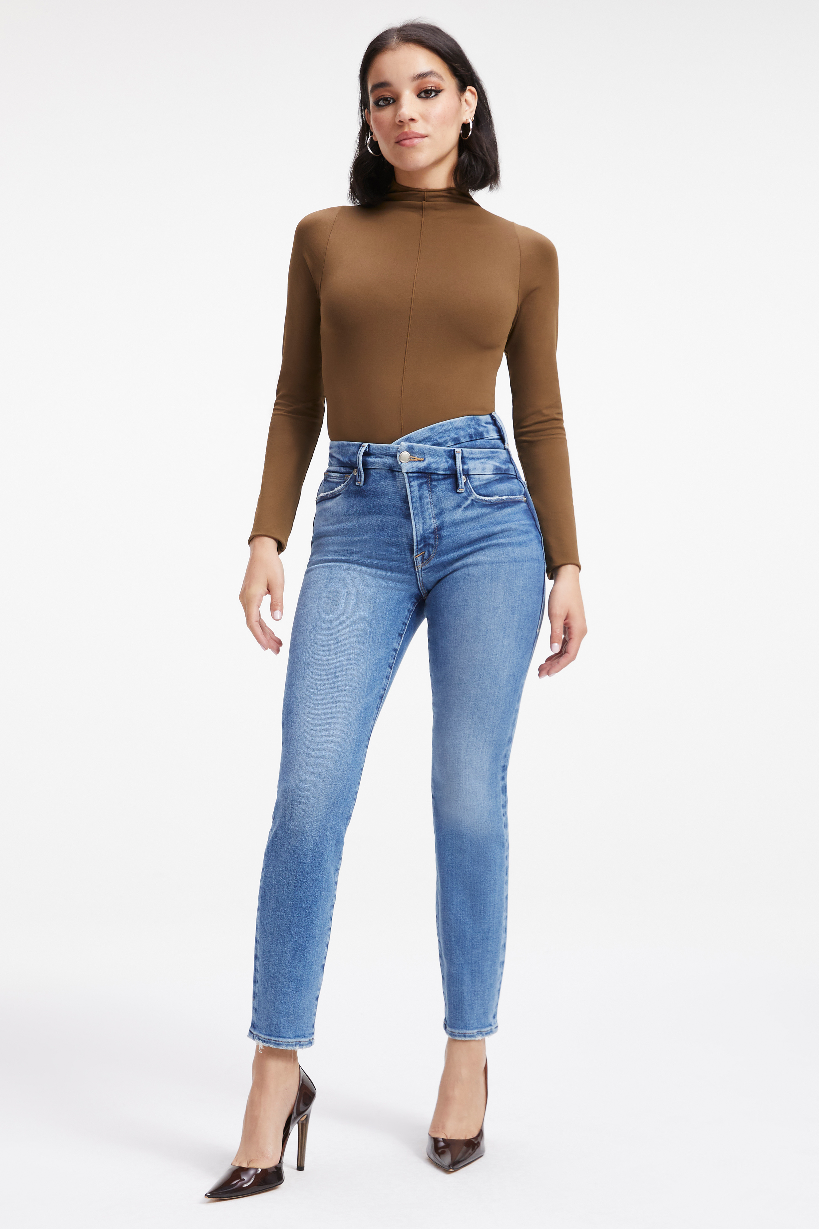 SCULPTED BODYSUIT in LIGHT MOCHA004 styled with our GOOD WAIST CROP in INDIGO201, GOOD ICON in BLUE952, or GOOD LEGS WORN HEM in BLUE876