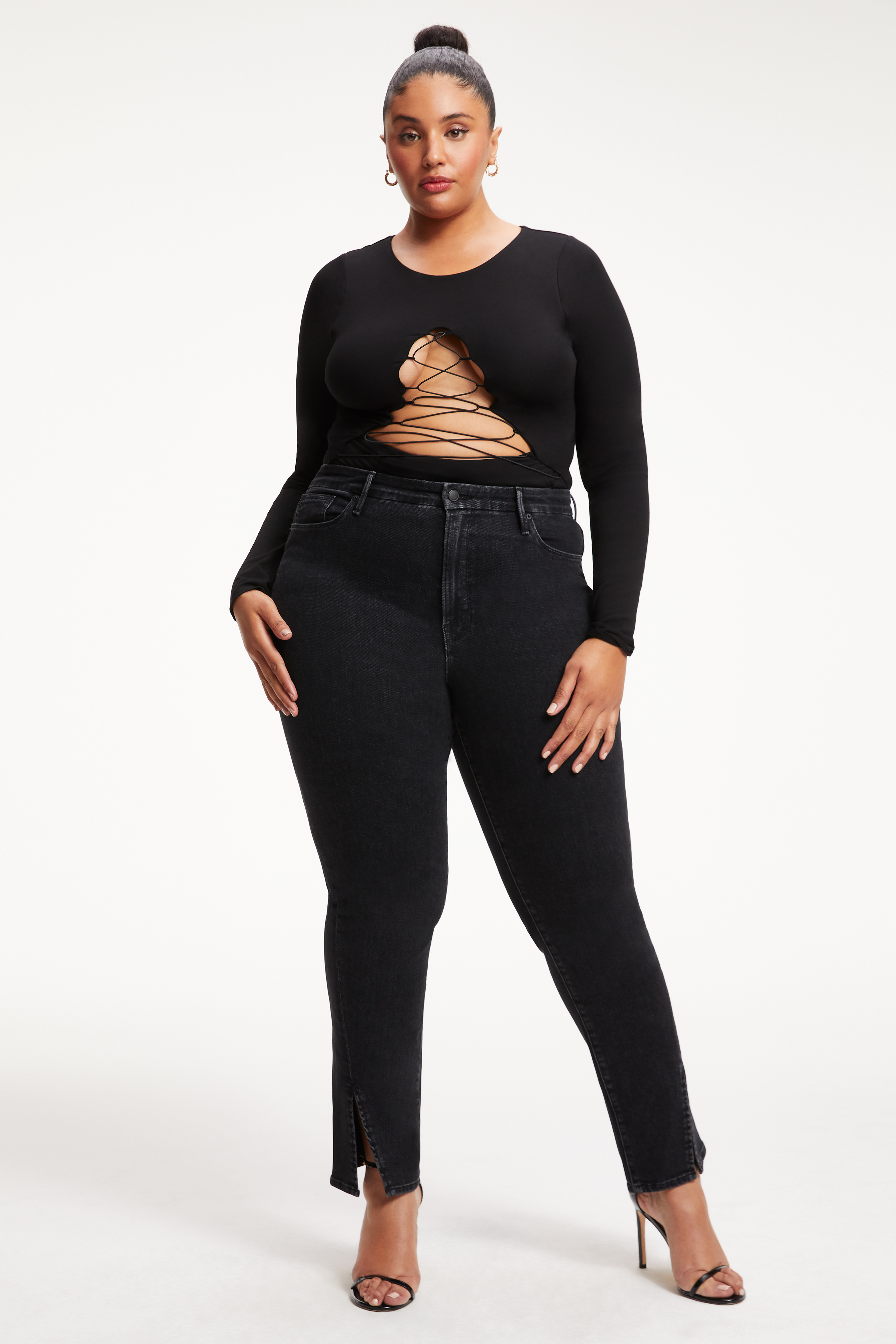 GOOD BOY JEANS in BLACK295 styled with our GOOD TOUCH LACE UP BODYSUIT in BLACK001, RIB FITTED TEE BODYSUIT in BLACK001, or MESH FUNNEL TANK BODYSUIT in ROSE CHEETAH001