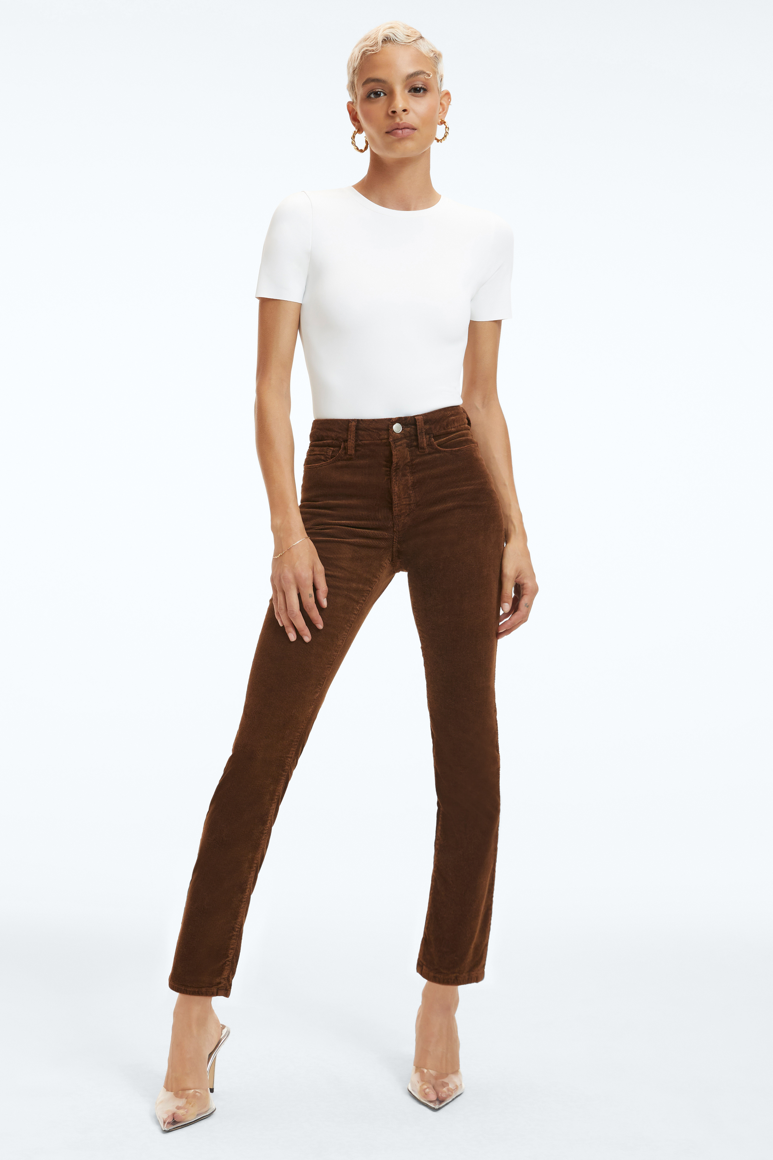 GOOD CLASSIC CORDUROY PANTS in MOCHA001 styled with our SCUBA SHORT SLEEVE BODYSUIT in WHITE001, SCUBA CREW BODYSUIT in WHITE001, or RIB FITTED TEE BODYSUIT in WHITE001