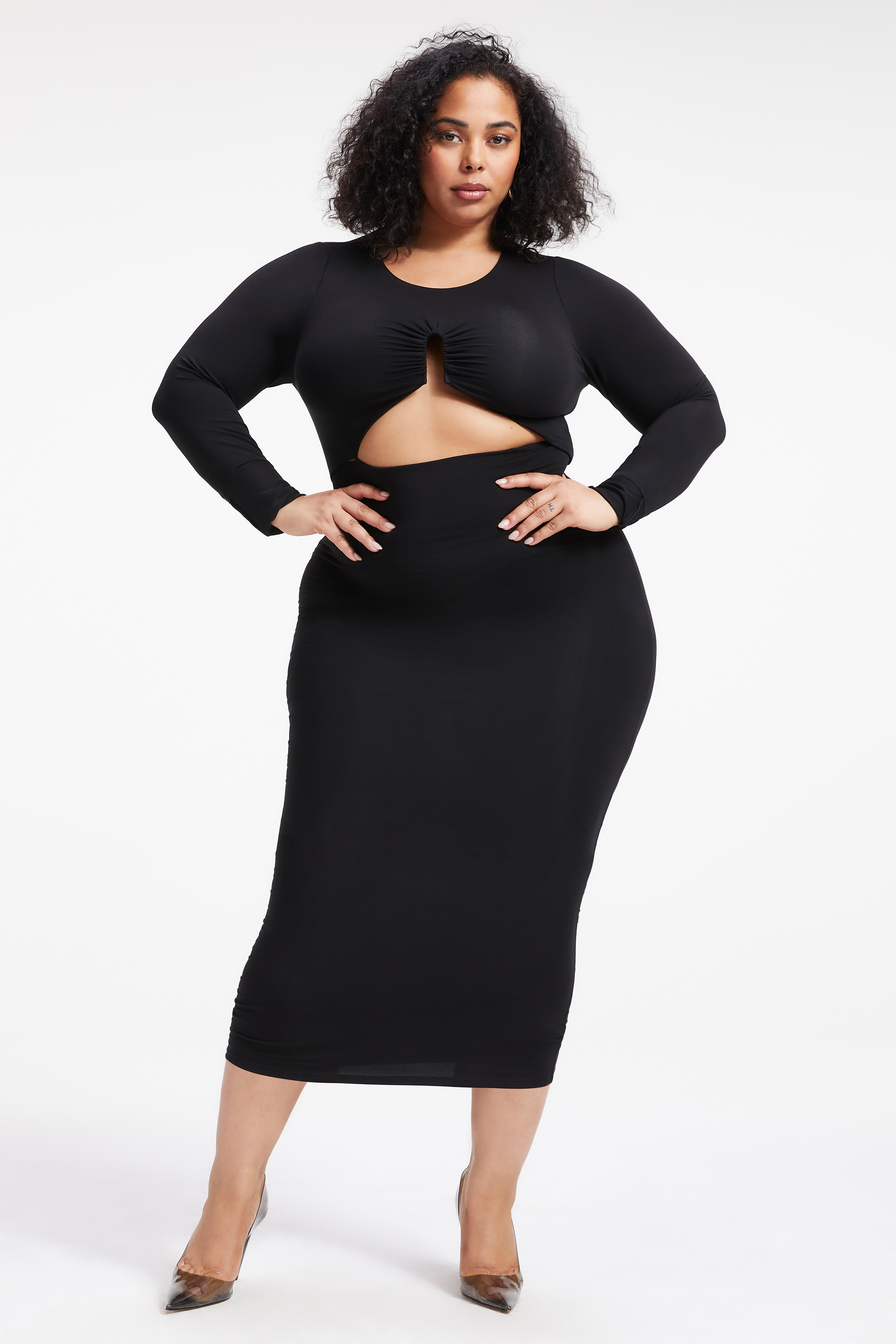 GOOD TOUCH CUT OUT MIDI DRESS in BLACK001 styled with our CINDER-F*CKING-RELLA JEWELED MULE in BLACK SATIN001, or CINDER-F*CKING-RELLA MULE in GLASS002