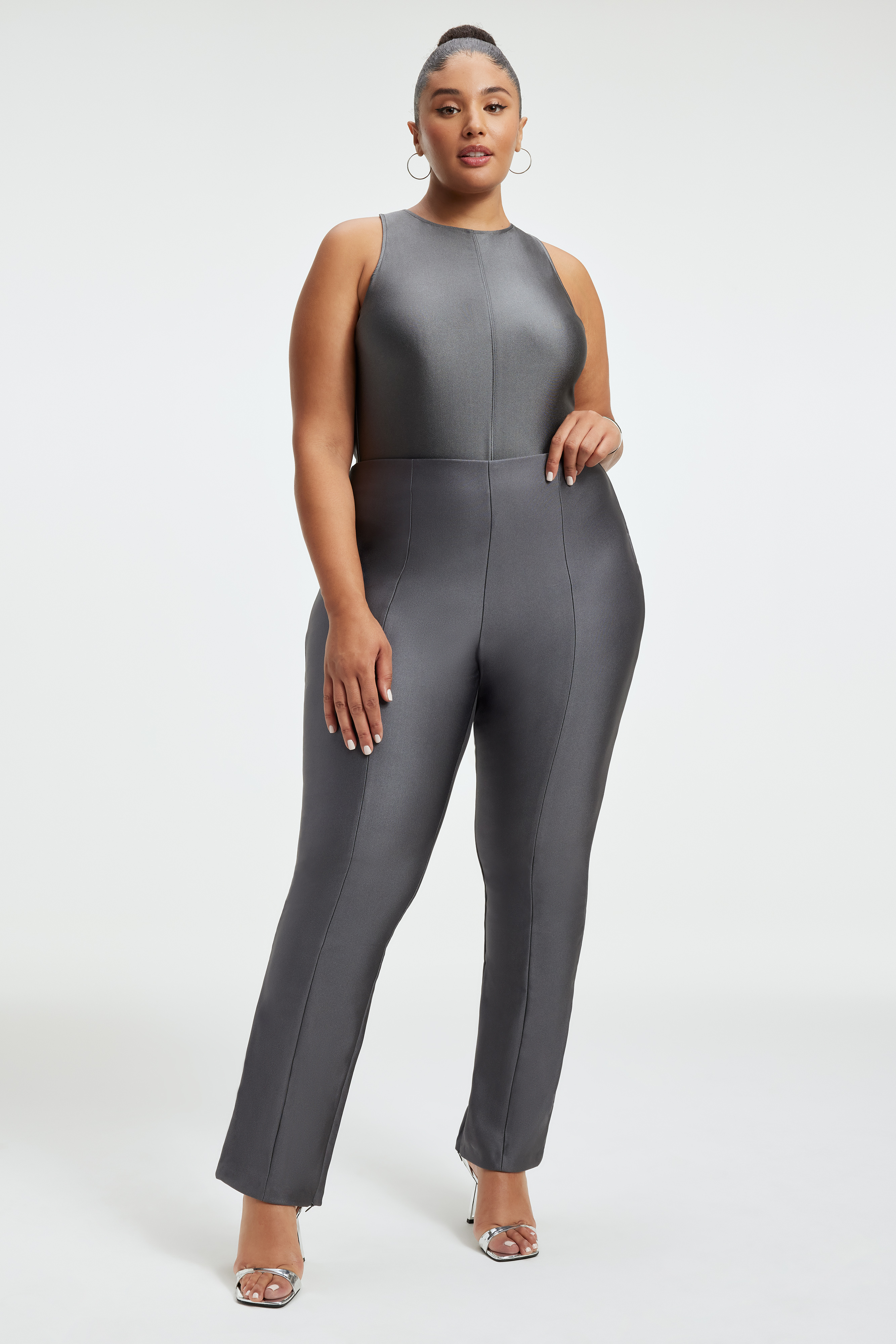 HIGH SHINE COMPRESSION BODYSUIT in CHROME003 styled with our HIGH SHINE COMPRESSSION LEGGINGS in CHROME003, GOOD '90s JEANS in BLACK286, or GOOD ICON DIAMOND DUSTED JEANS in BLACK251