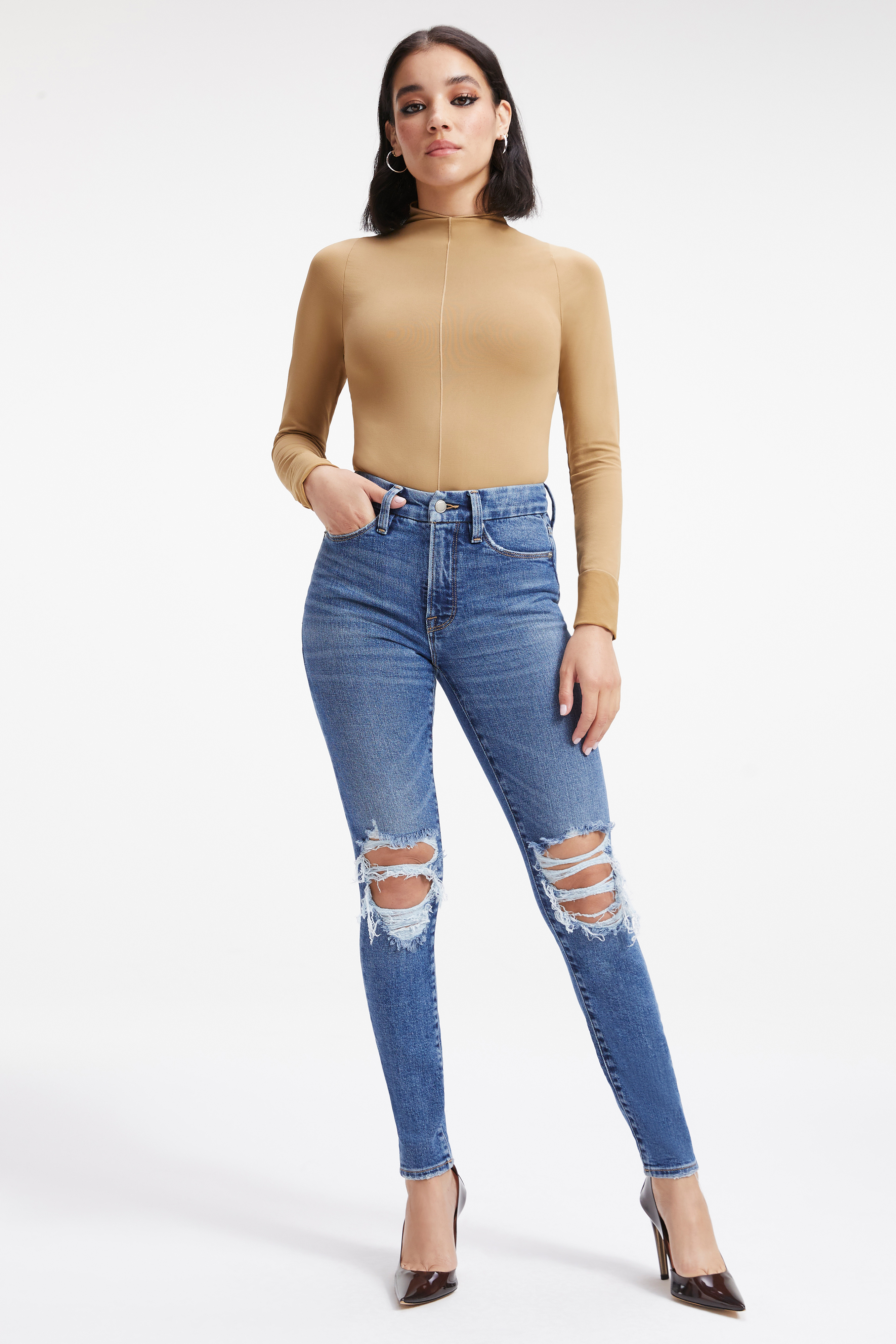 SCULPTED BODYSUIT in PECAN001 styled with our GOOD LEGS SPLIT BACK POCKETS in INDIGO234, GOOD LEGS CIGARETTE in INDIGO227, or GOOD GIRLFRIEND PETITE in INDIGO252