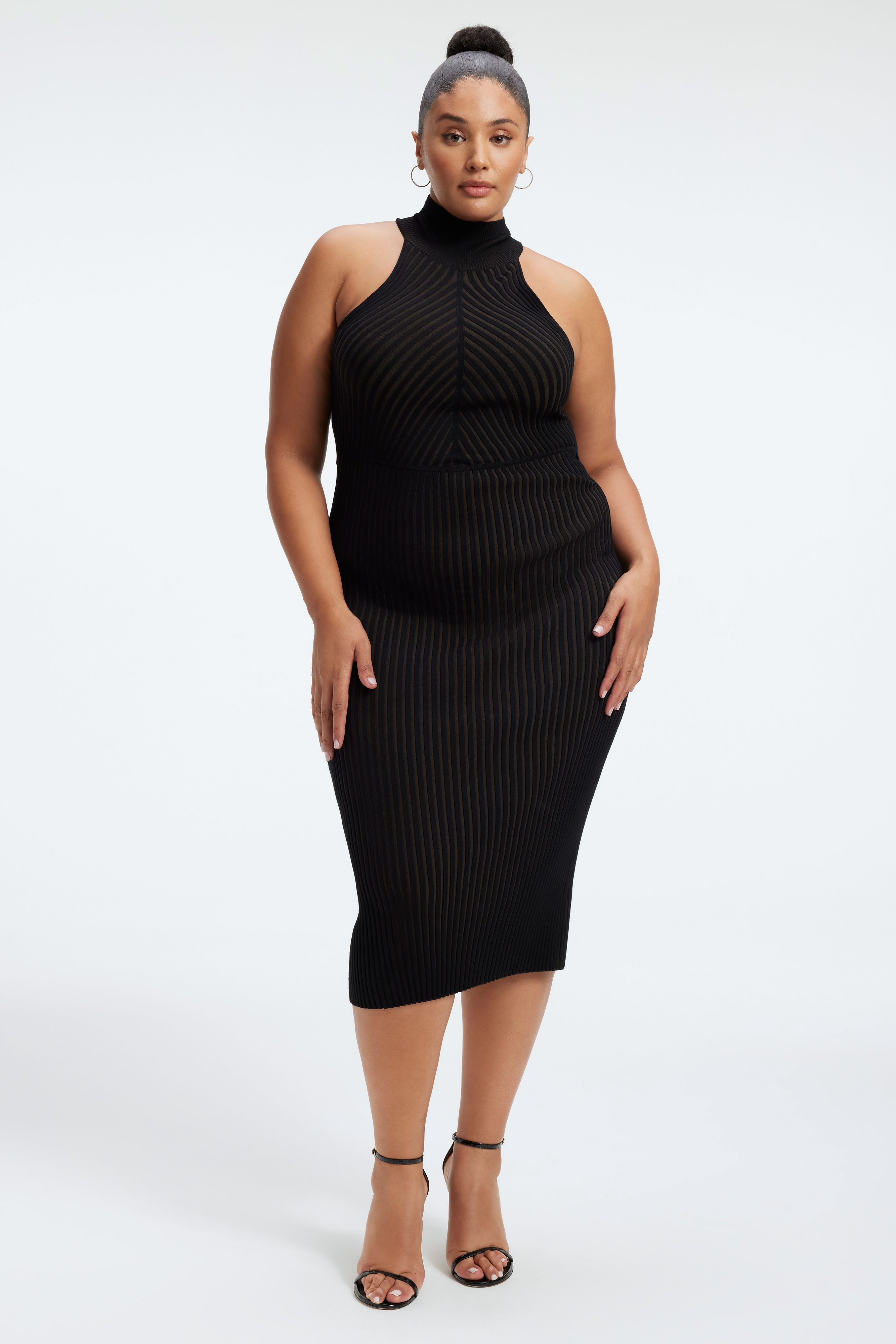 SOFT RIBBED MIDI DRESS in BLACK001 styled with our CINDER-F*CKING-RELLA JEWELED MULE in BLACK SATIN001, CINDER-F*CKING-RELLA PUMP in LIGHT SMOKE001, or CINDER-F*CKING-RELLA PUMP in LIGHT SMOKE001