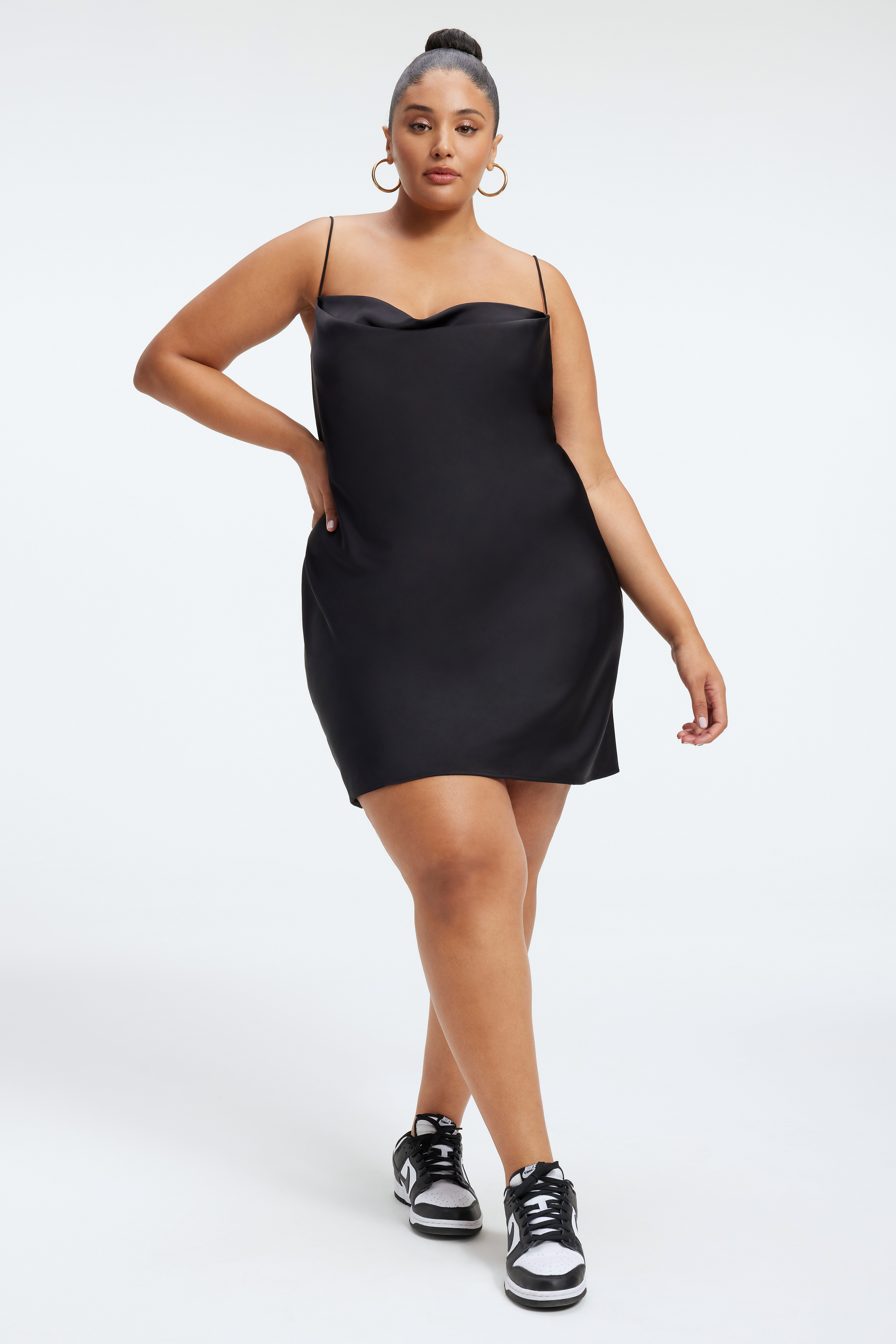 SATIN MINI SLIP DRESS in BLACK001 styled with our or CINDER-F*CKING-RELLA PUMP in LIGHT SMOKE001