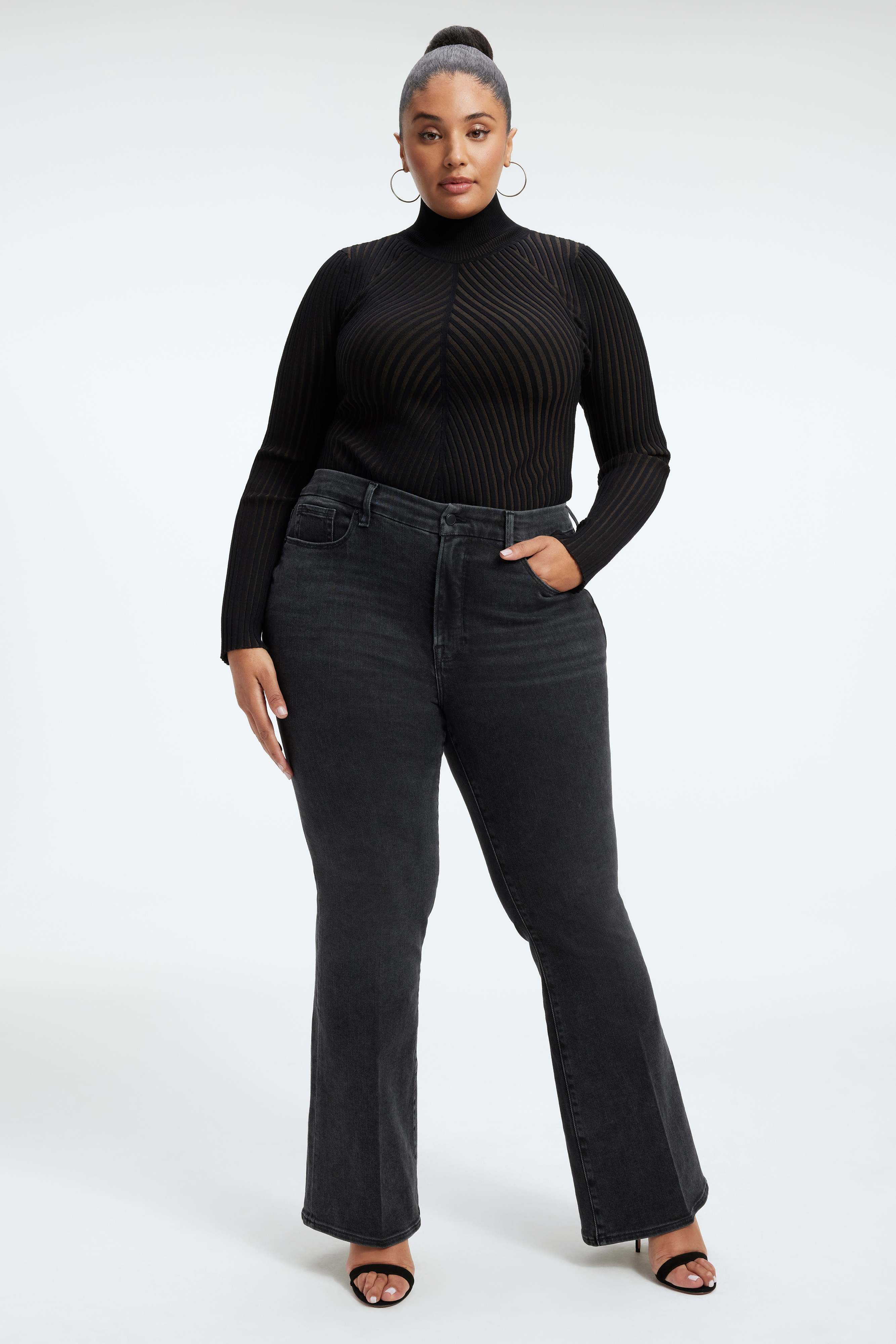 GOOD LEGS FLARE JEANS in BLACK287 styled with our SOFT RIBBED BODYSUIT in BLACK001, GOOD TOUCH SHOULDER LACE BODYSUIT in BLACK001, or GOOD TOUCH LACE UP BODYSUIT in BLACK001