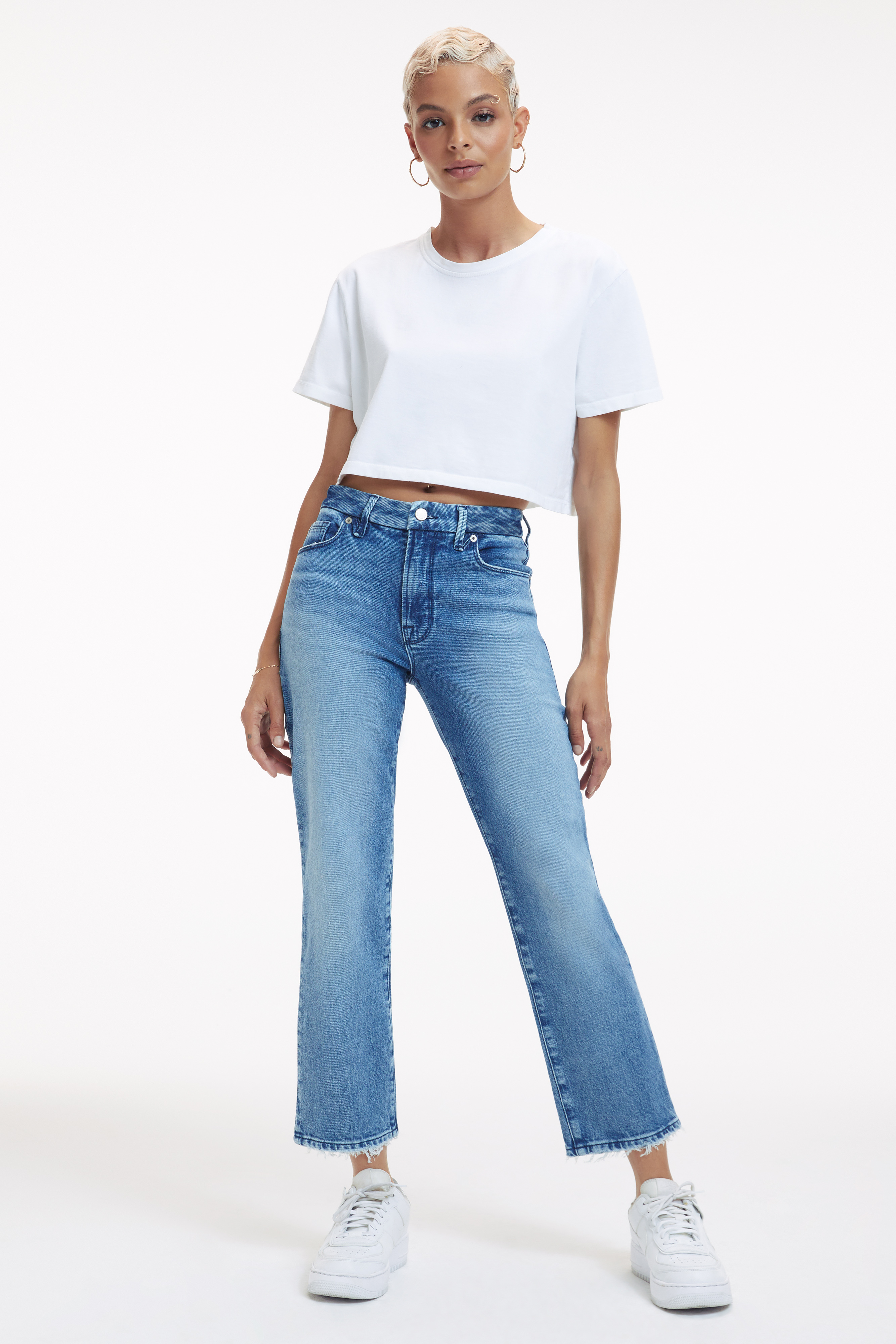 GOOD ICON CROP in INDIGO260 styled with our COTTON CROPPED TEE in WHITE001, COTTON CROPPED LONG SLEEVE TEE in WHITE001, or FITTED RIBBED TANK in WHITE001