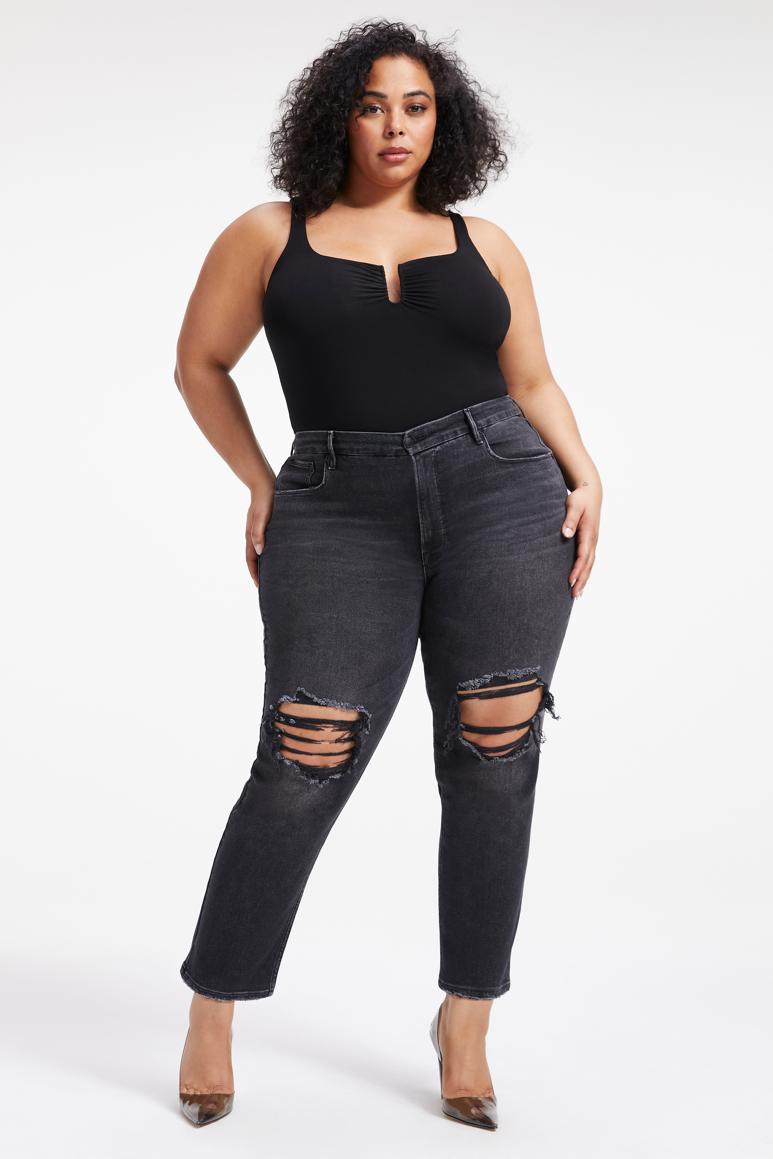 GOOD ICON CROP in BLACK290 styled with our U RING BODYSUIT in BLACK001, GOOD TOUCH U RING BODY in BLACK001, or CINDER-F*CKING-RELLA PUMP in LIGHT SMOKE001