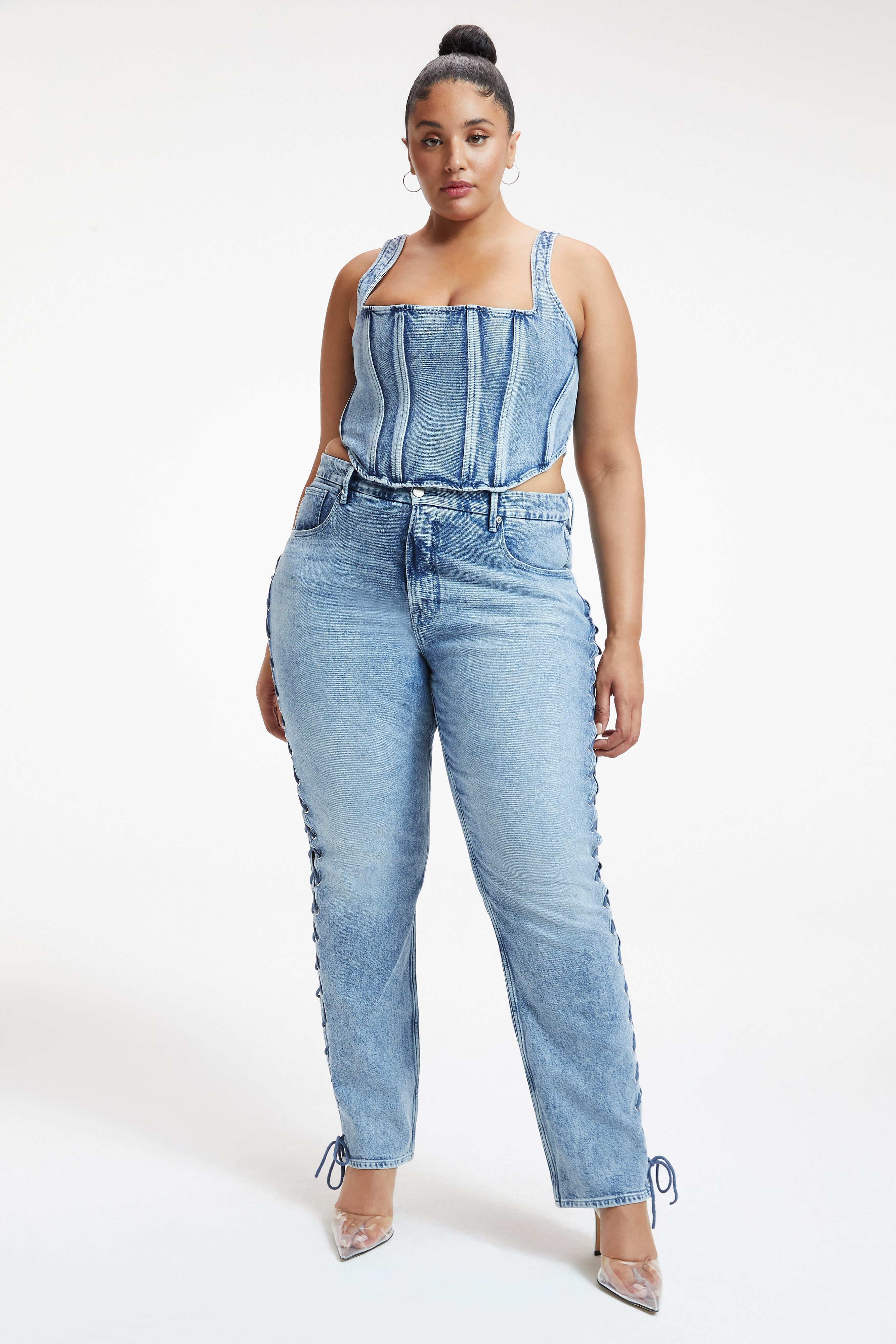 GOOD ICON JEANS in INDIGO301 styled with our DENIM CORSET in INDIGO301, DENIM BRALETTE in INDIGO301, or DENIM VEST in INDIGO301