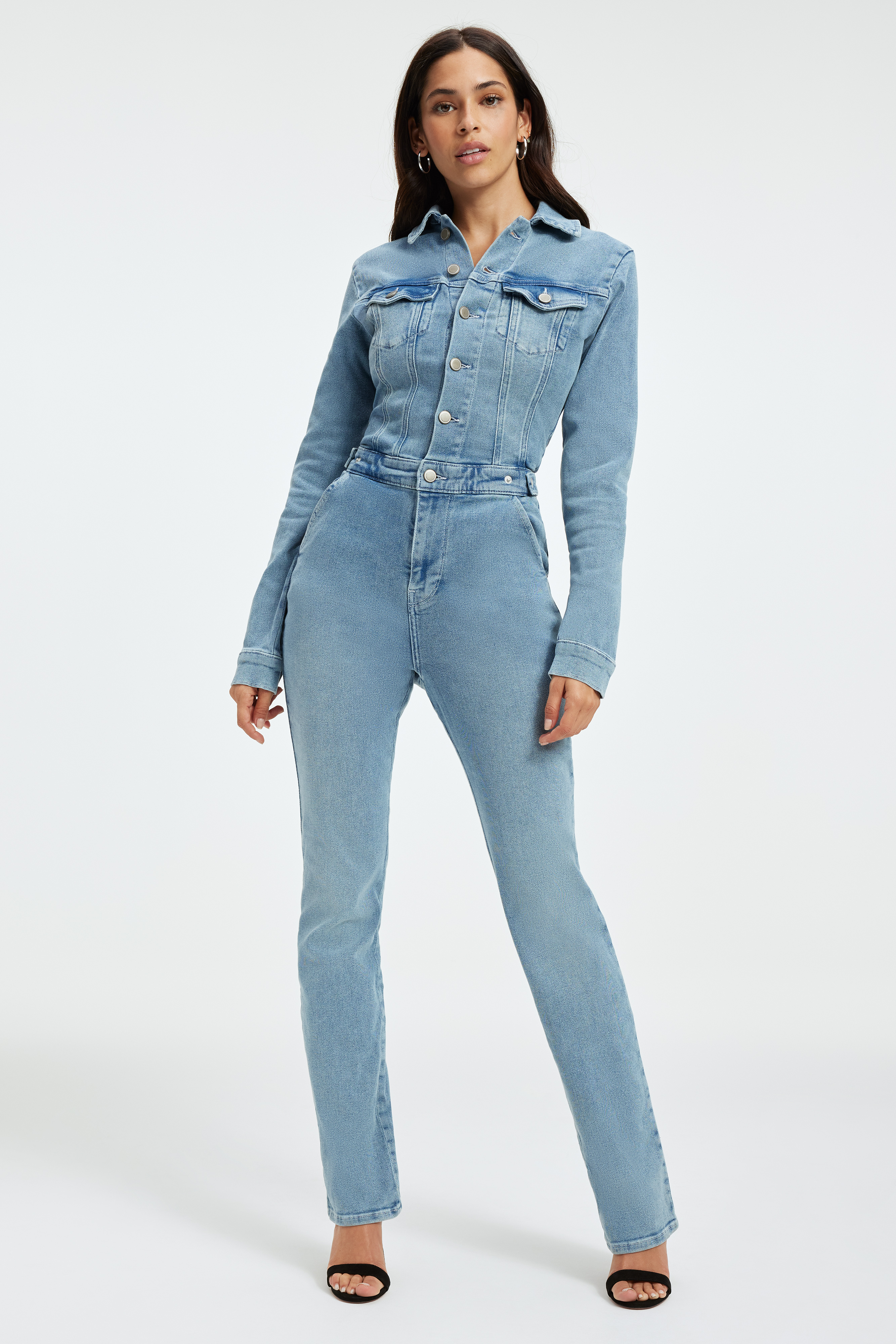 DENIM JUMPSUIT in INDIGO301 styled with our CINDER-F*CKING-RELLA MULE in GLASS002, or CINDER-F*CKING-RELLA PUMP in GLASS