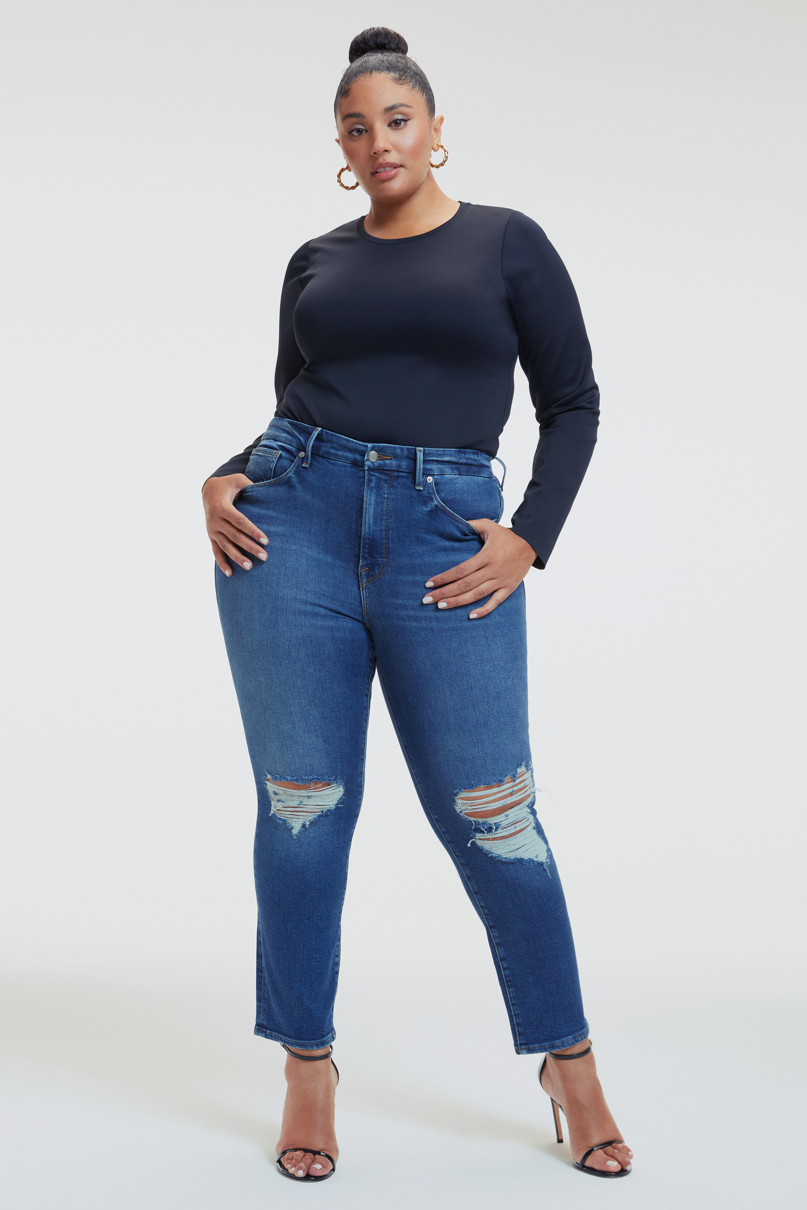 GOOD LEGS CIGARETTE LIGHT COMPRESSION JEANS in INDIGO228 styled with our SCUBA CREWNECK BODYSUIT in FUSCHIA PINK001, SCUBA SHORT SLEEVE BODYSUIT in BLACK001, or RIB FITTED TEE BODYSUIT in BLACK001