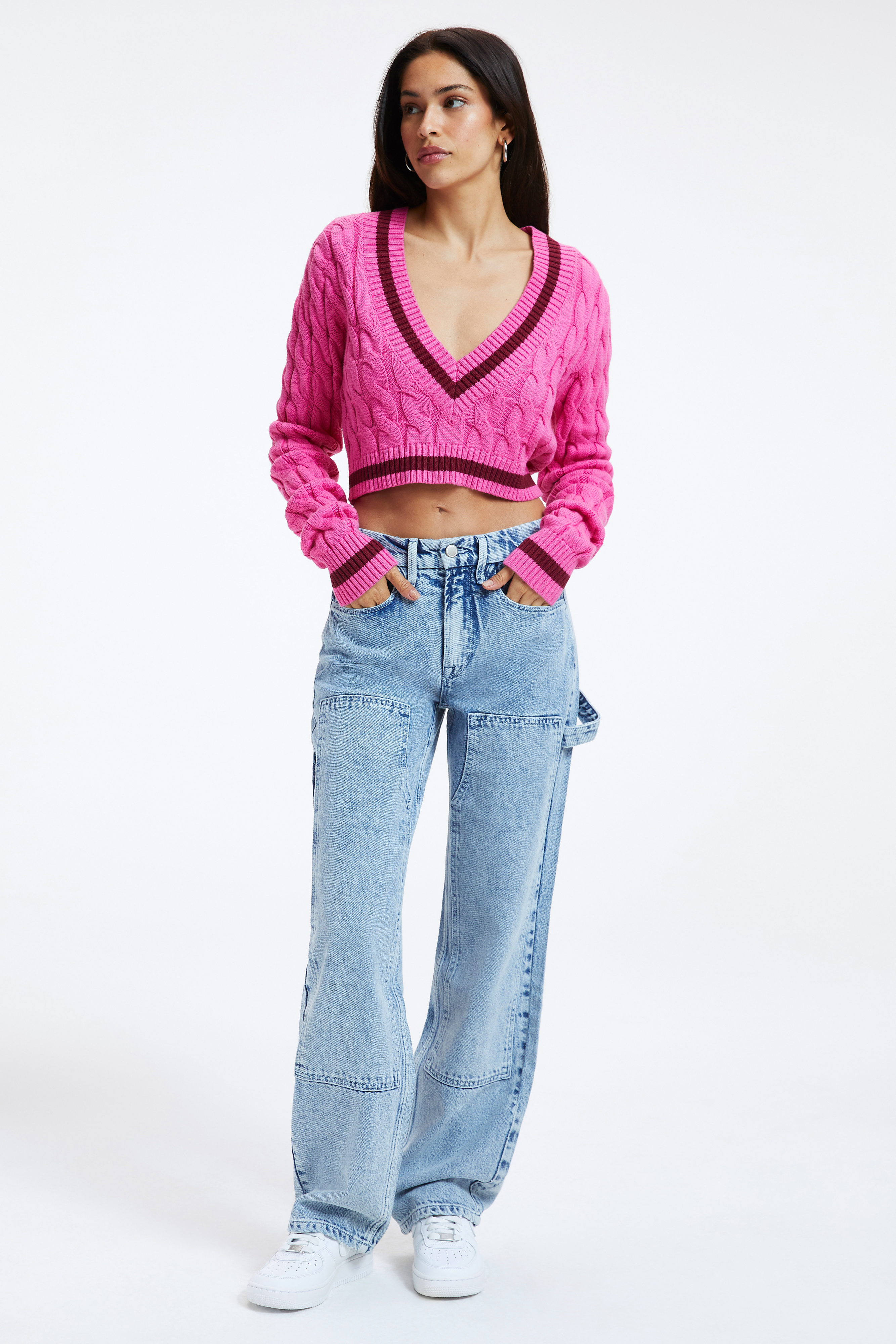 GOOD 90s SURPLUS in INDIGO301 styled with our CROPPED COLLEGIATE SWEATER in SORORITY PINK003, CROPPED RUGBY SHIRT in SORORITY PINK & TEAM CARDINAL, or DENIM VEST in INDIGO301