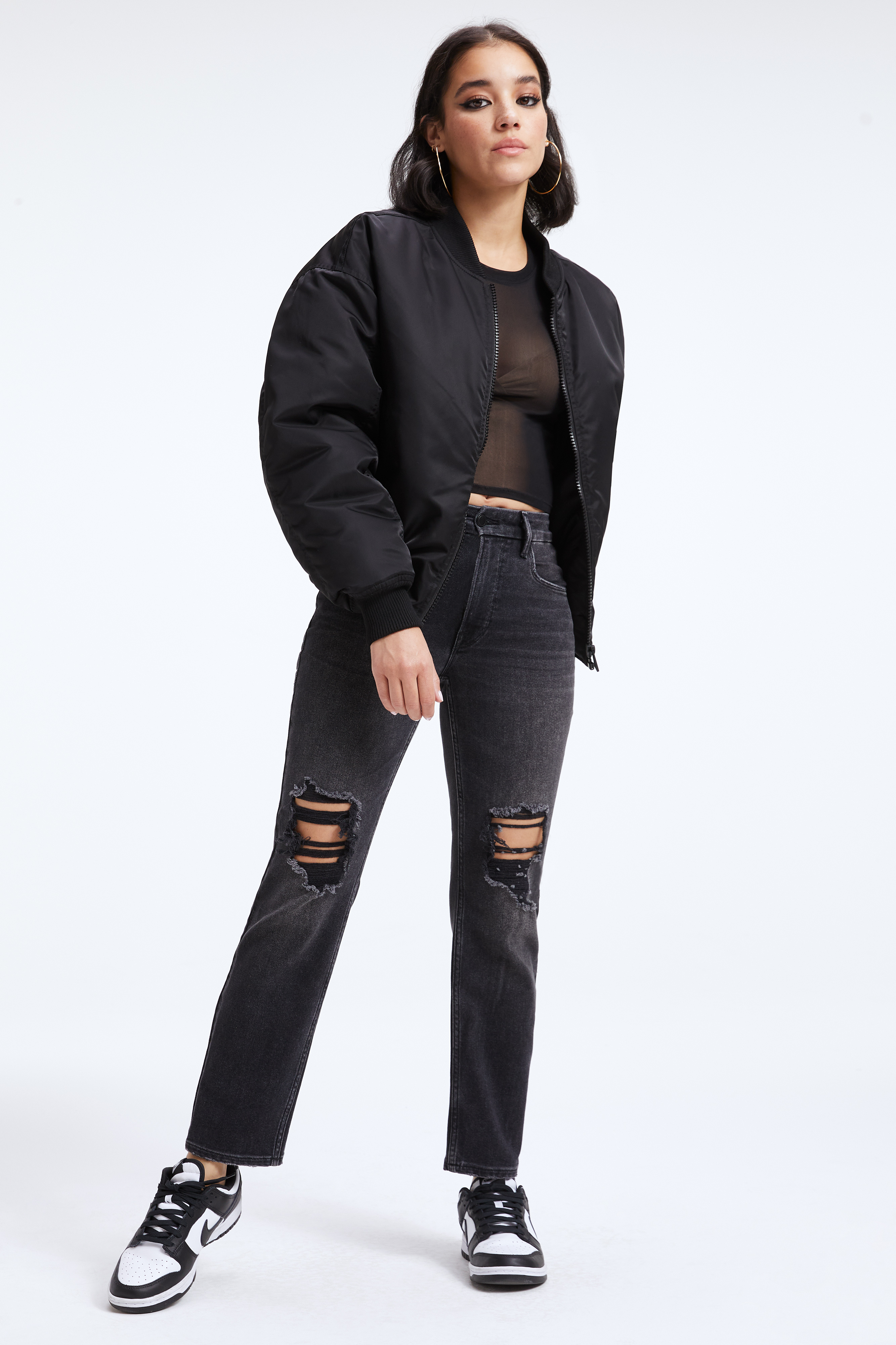 SATIN BOMBER in BLACK001 styled with our GOOD SKATE JEANS in BLACK274, or MESH CROPPED TEE in BLACK001