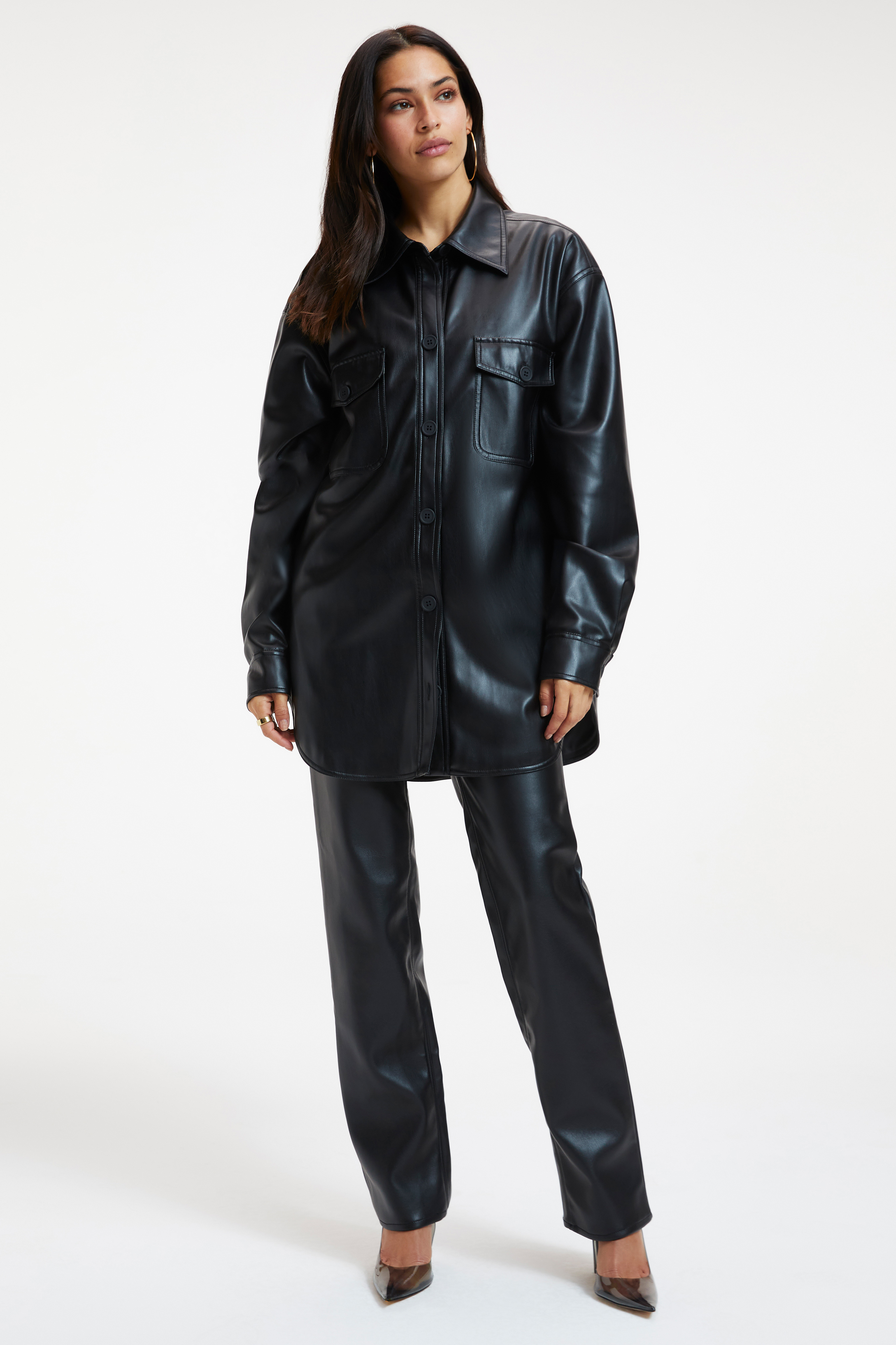 FAUX LEATHER SHACKET in BLACK001 styled with our GOOD '90s FAUX LEATHER CARPENTER PANTS in BLACK001,