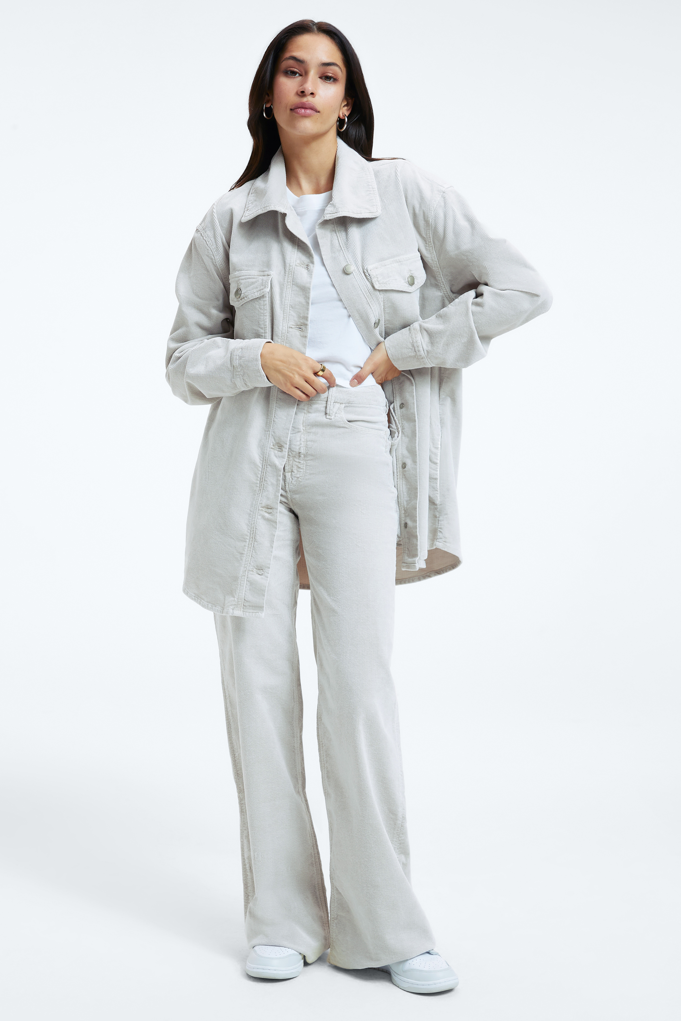 CORDUROY SHACKET in BONE001 styled with our GOOD SKATE CORDUROY PANTS in BONE001, GOOD CLASSIC BOOT CORDUROY PANTS in BONE001, or COTTON RELAXED CREW NECK in WHITE001