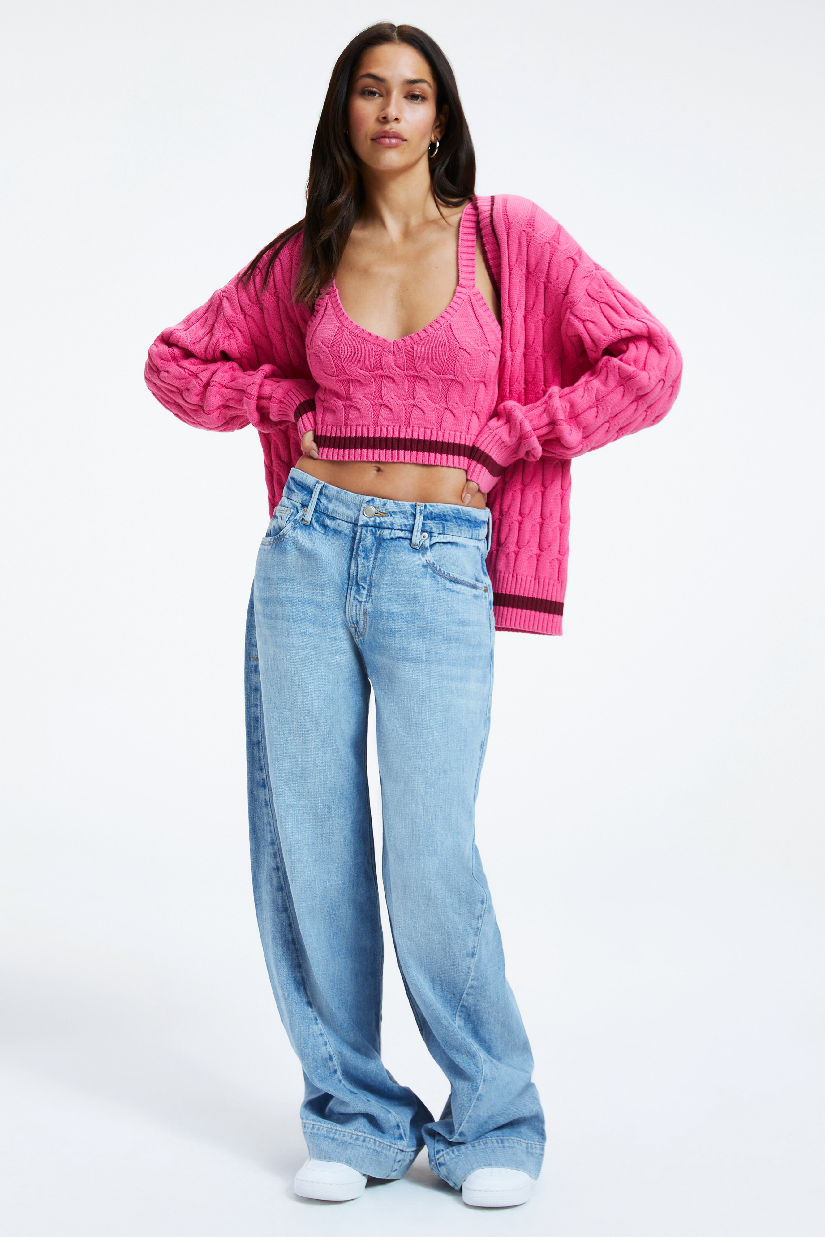 COLLEGIATE CARDIGAN in SORORITY PINK003 styled with our COLLEGIATE CROP TOP in SORORITY PINK003, or WEIGHTLESS WIDE LEG PANT in INDIGO210