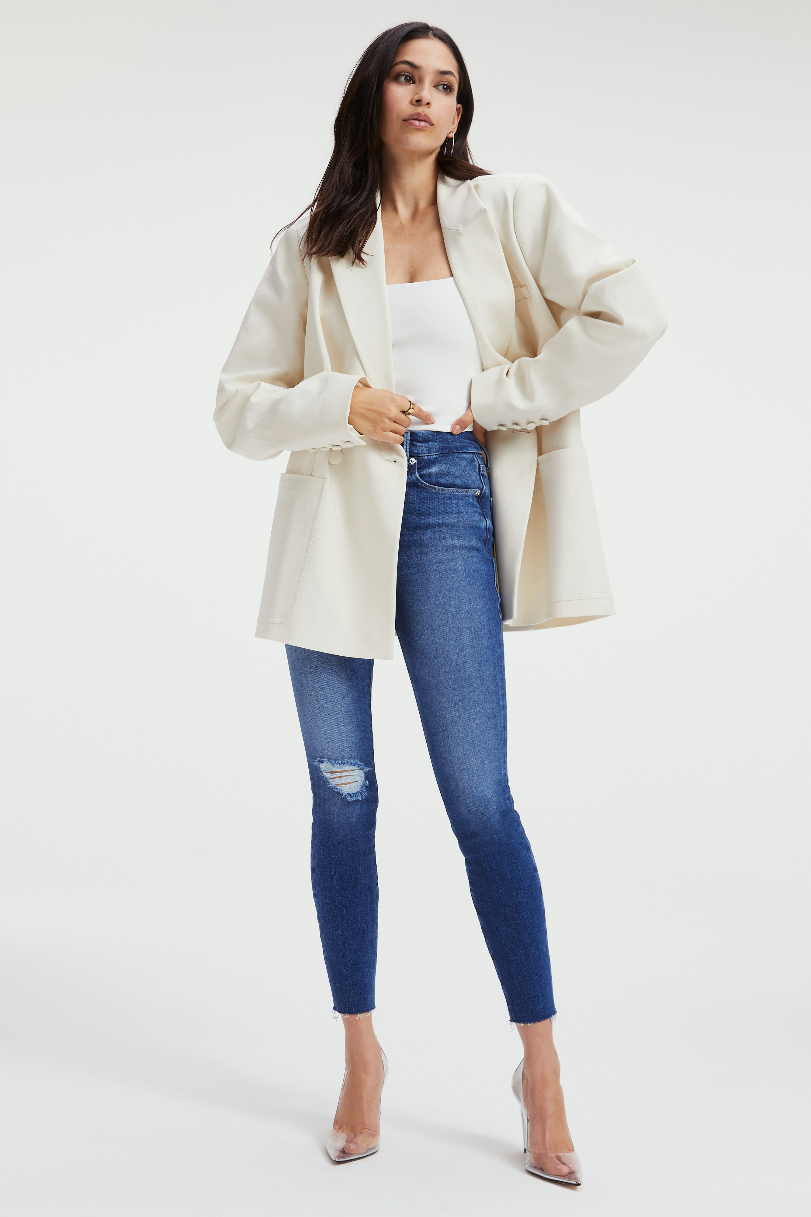 GOOD LEGS CROPPED LIGHT COMPRESSION JEANS in INDIGO231 styled with our SCUBA MODERN TANK BODYSUIT in WHITE001, WOVEN BLAZER in BONE001, or CINDER-F*CKING-RELLA PUMP in GLASS