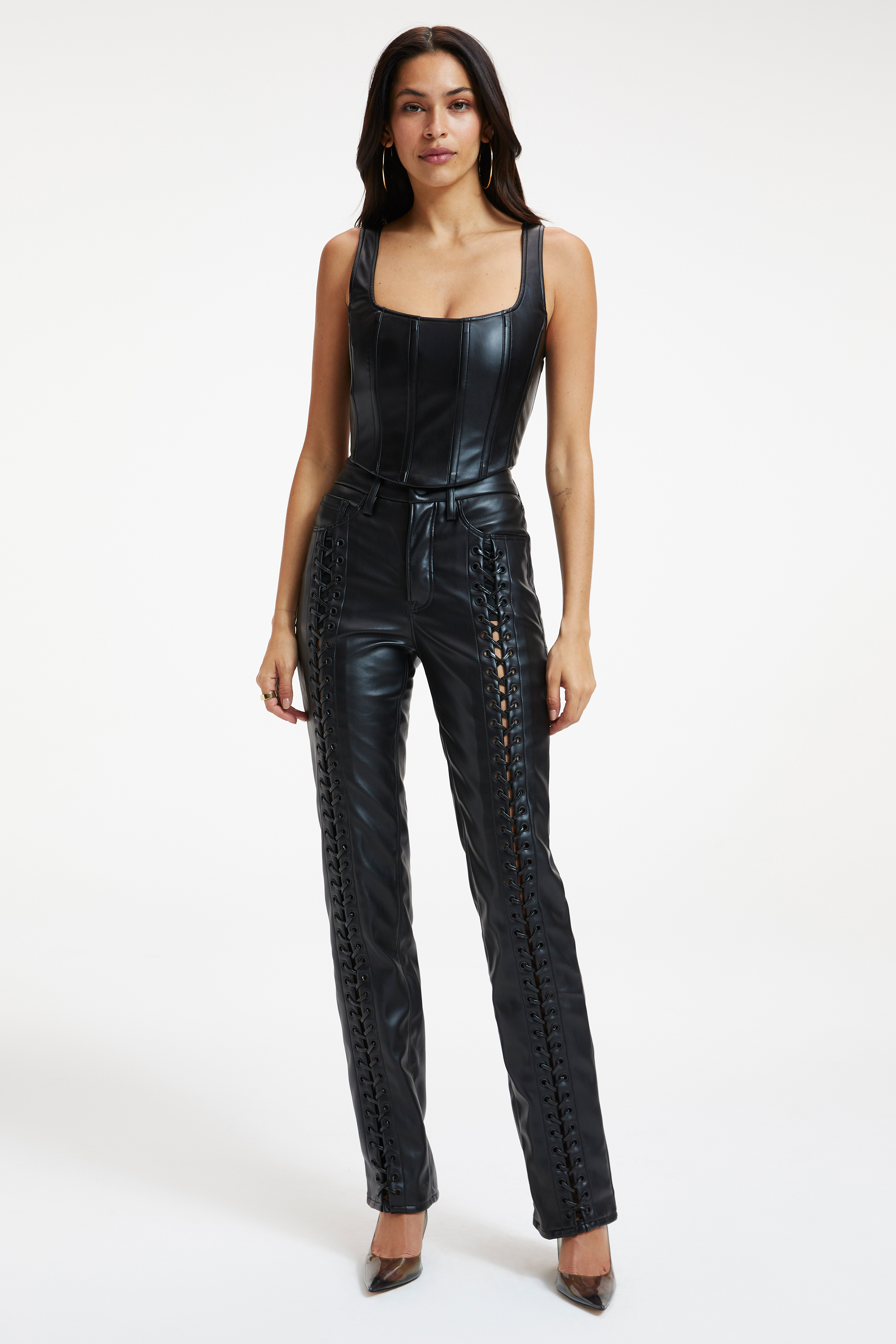 GOOD ICON FAUX LEATHER LACE UP PANTS | BLACK001 - GOOD AMERICAN