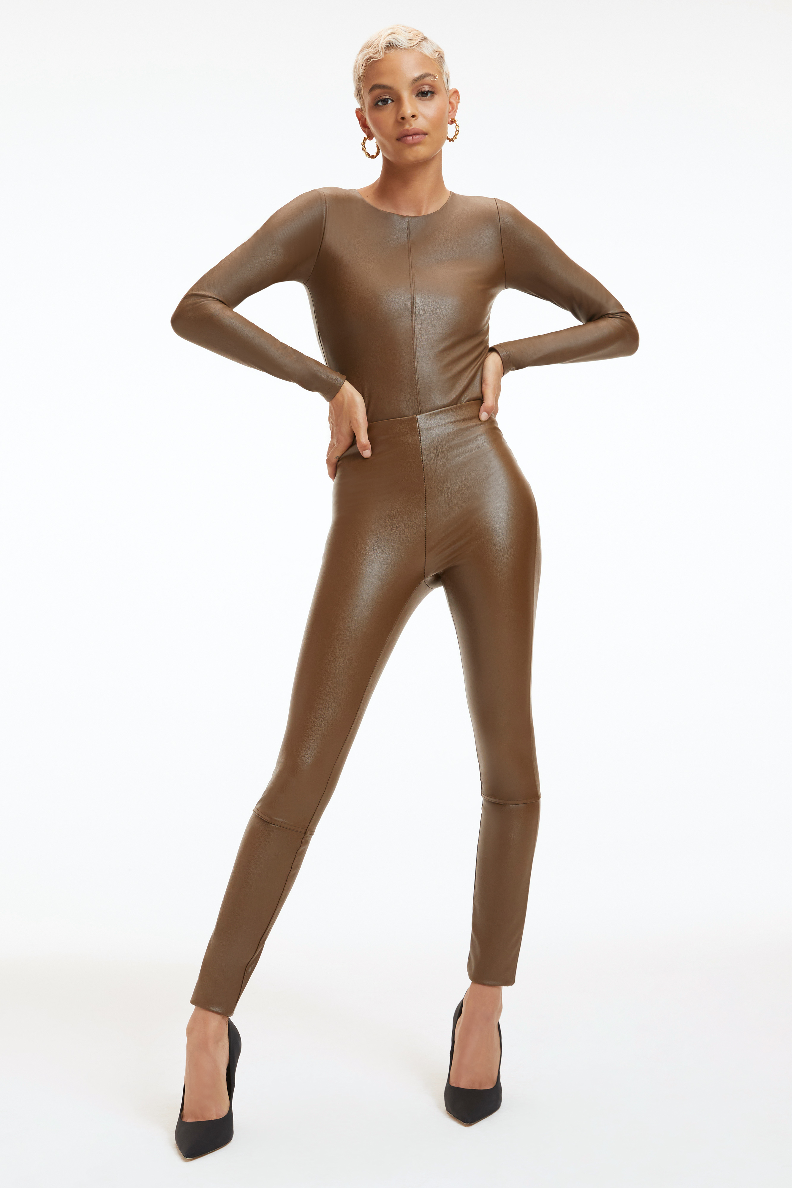 GOOD WAIST FAUX LEATHER LEGGINGS in LIGHT MOCHA004 styled with our FAUX LEATHER BODYSUIT in LIGHT MOCHA004