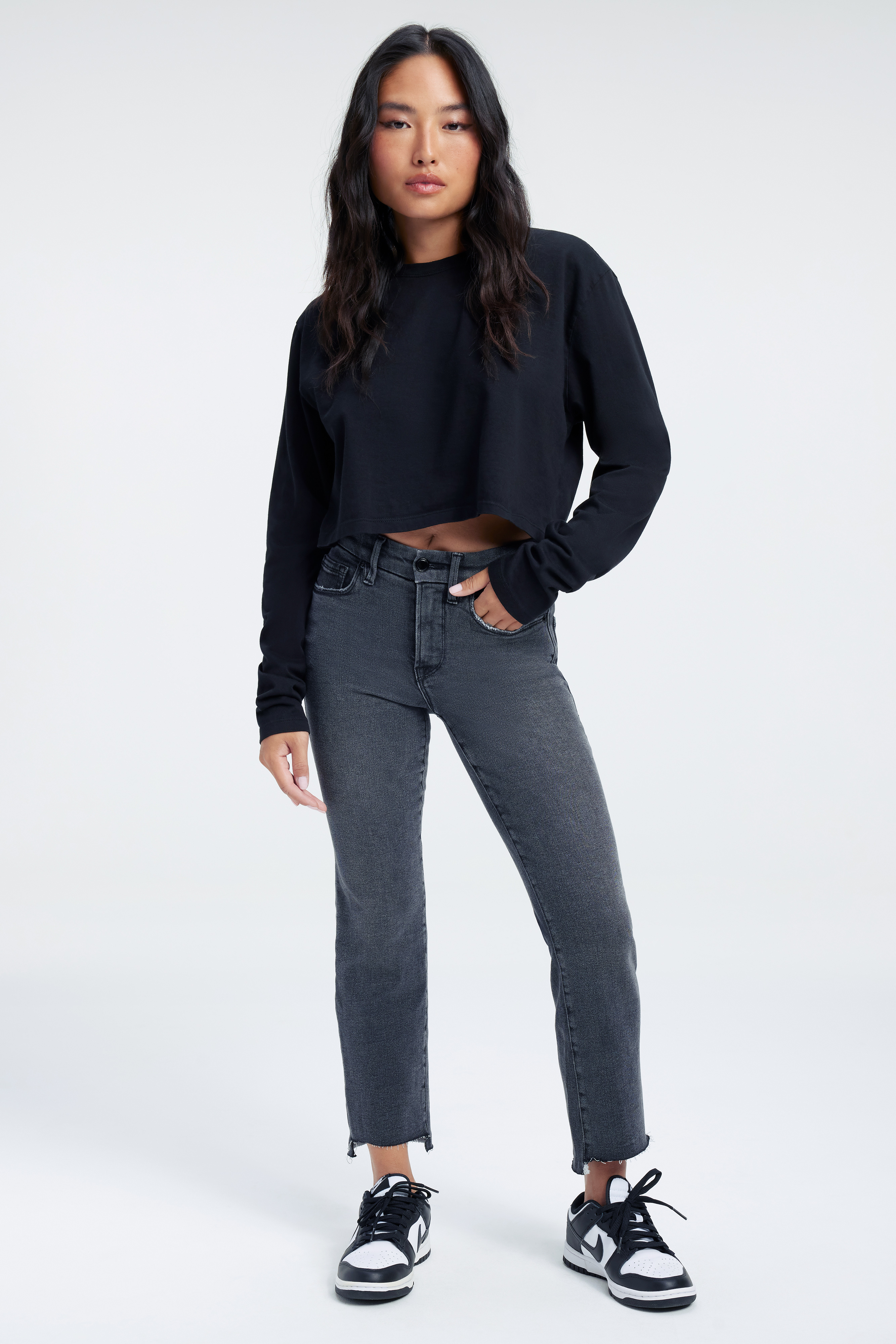 GOOD PETITE STRAIGHT JEANS in BLACK303 styled with our COTTON CROPPED LONG SLEEVE TEE in BLACK001, COTTON CROPPED TEE in BLACK001, or SCUBA CREWNECK BODYSUIT in FUSCHIA PINK001