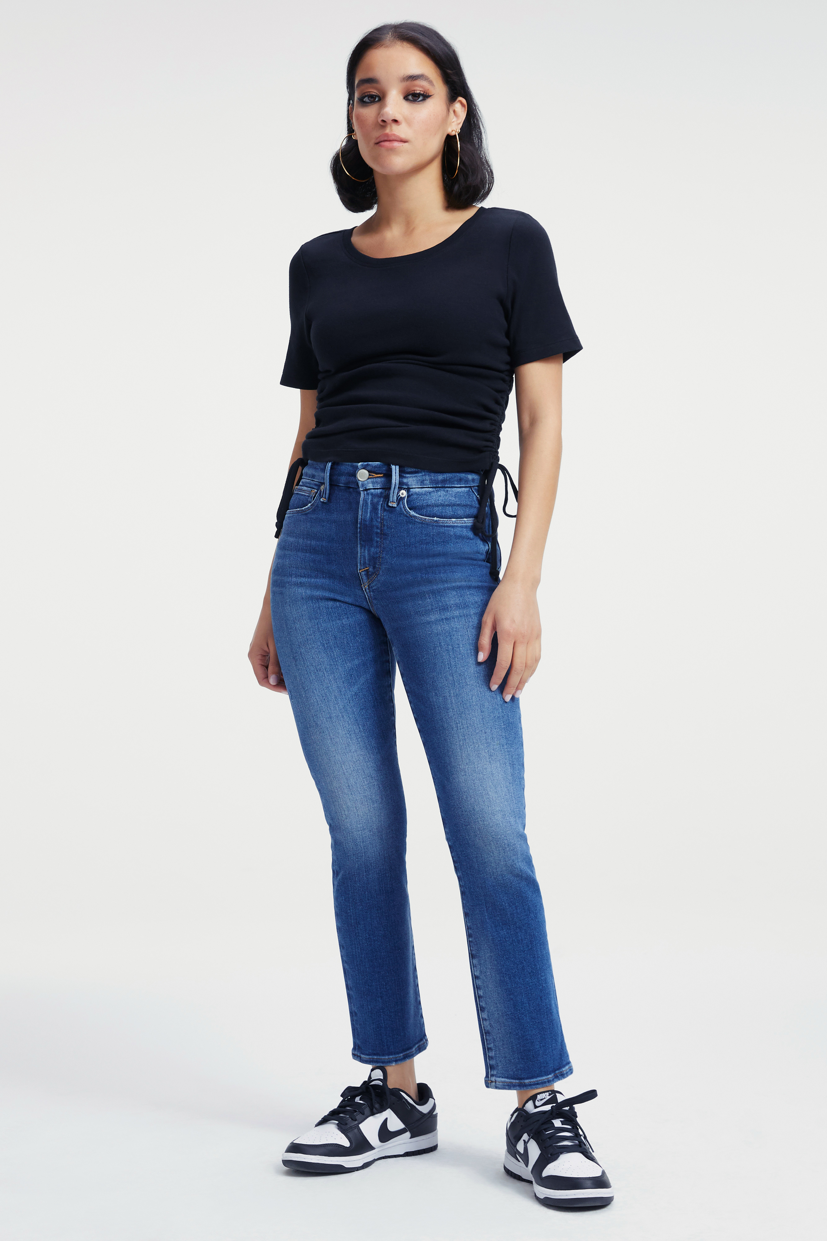 GOOD STRAIGHT LIGHT COMPRESSION JEANS in INDIGO271 styled with our RUCHED TEE in BLACK001, COTTON CROPPED LONG SLEEVE TEE in BLACK001, or SOFT RIBBED BODYSUIT in BLACK001