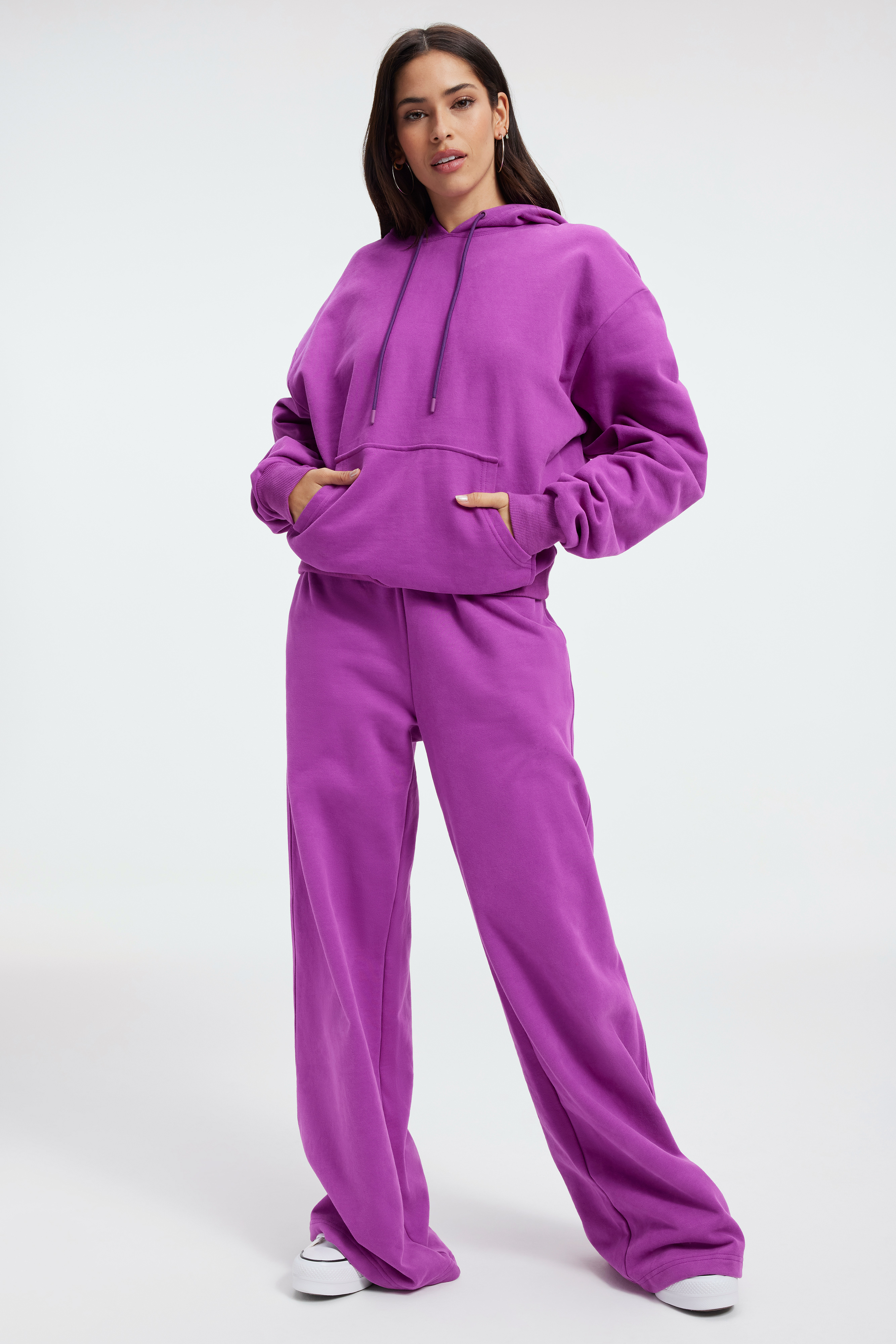 SUEDED FLEECE BOYFRIEND HOODIE in POWER PURPLE styled with our SUEDED FLEECE EXTRA WIDE LEG in POWER PURPLE, SCUBA CREWNECK BODYSUIT in POWER PURPLE, or SCUBA MODERN TANK BODYSUIT in POWER PURPLE