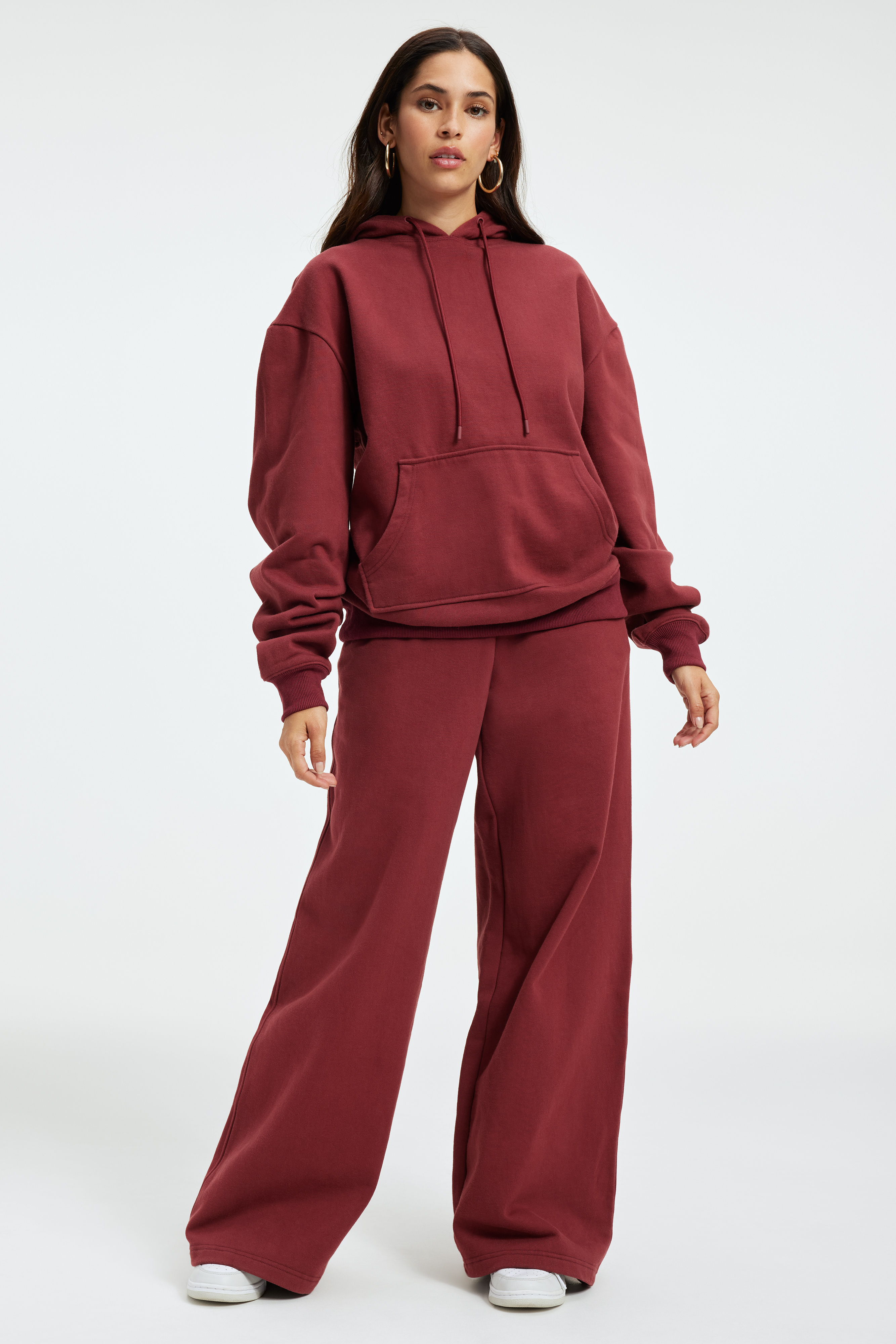 SUEDED FLEECE BF HOODIE in TEAM CARDINAL001 styled with our SUEDED FLEECE EXTRA WIDE LEG in TEAM CARDINAL001, or FLARE LEGGINGS in BLACK001