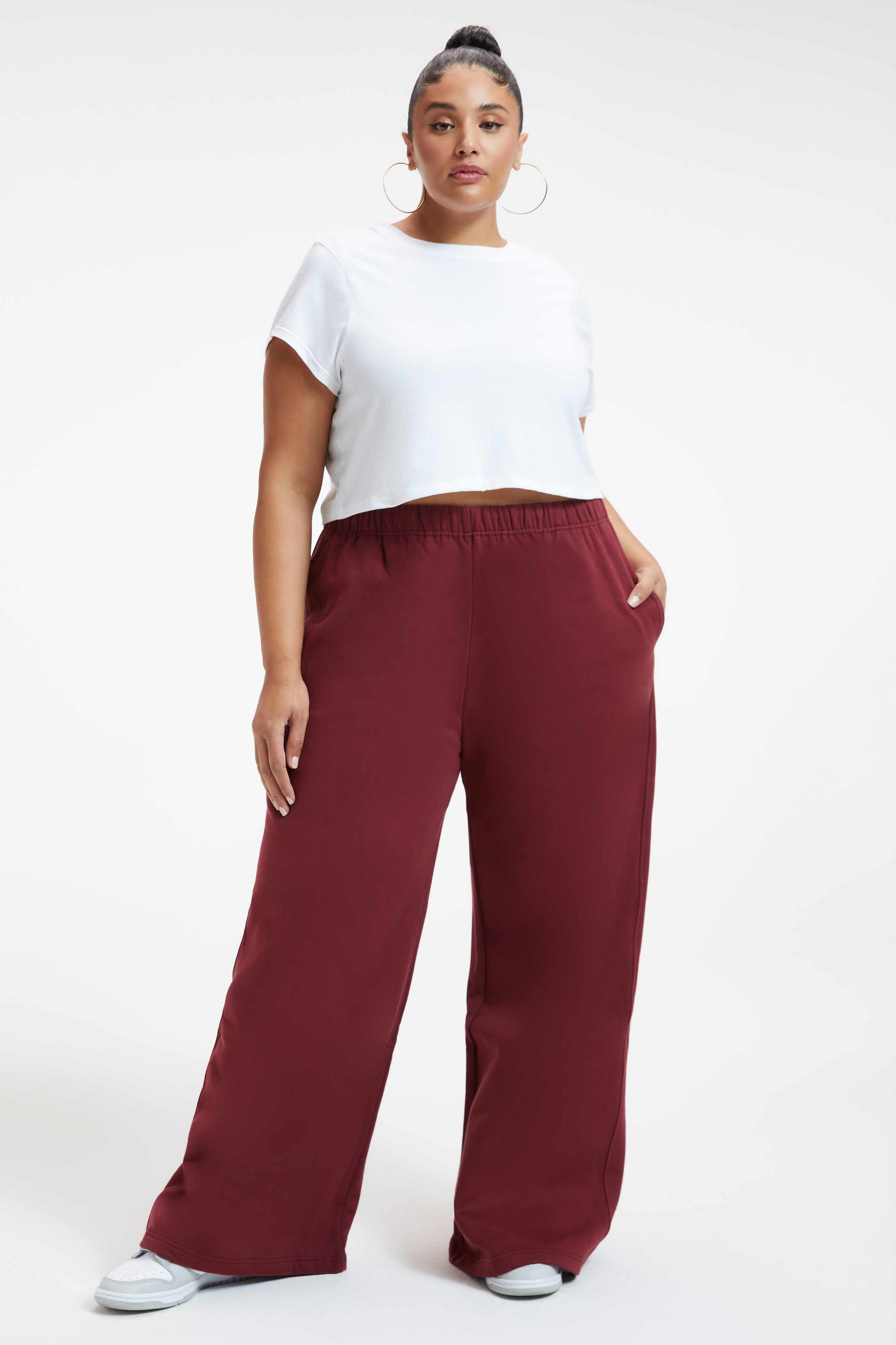 SUEDED FLEECE EXTRA WIDE LEG in TEAM CARDINAL001 styled with our COTTON CROPPED TEE in WHITE001, FITTED SCOOP NECK TANK in WHITE001, or GOOD FORM CREWNECK BODY in WHITE001