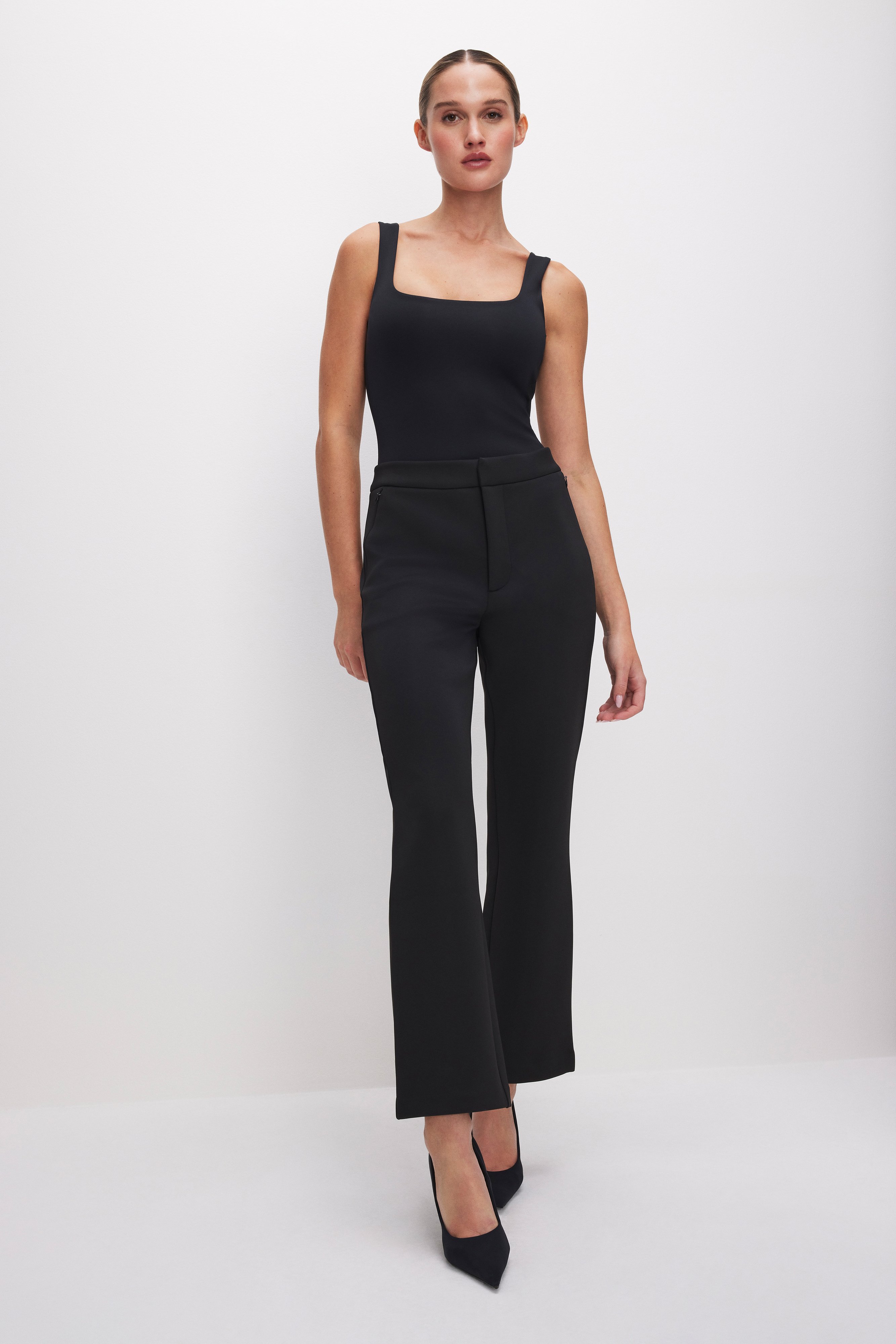 Styled with SCUBA CROPPED STRAIGHT TROUSERS | BLACK001