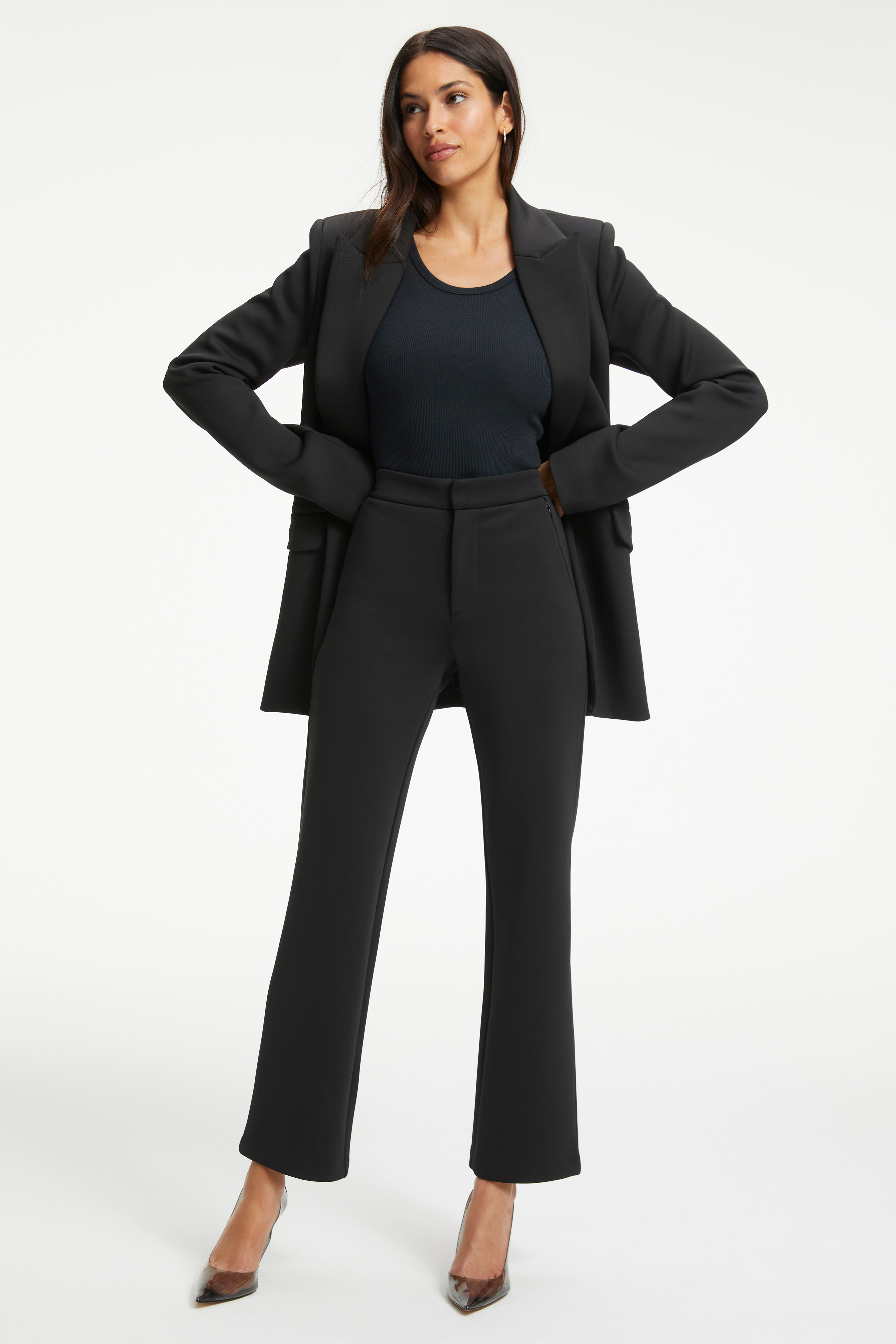 SCUBA STRAIGHT CROP in BLACK001 styled with our SCUBA MODERN TANK BODYSUIT in BLACK001, SCUBA BLAZER 2.0 in BLACK001, or CINDER-F*CKING-RELLA PUMP in LIGHT SMOKE001