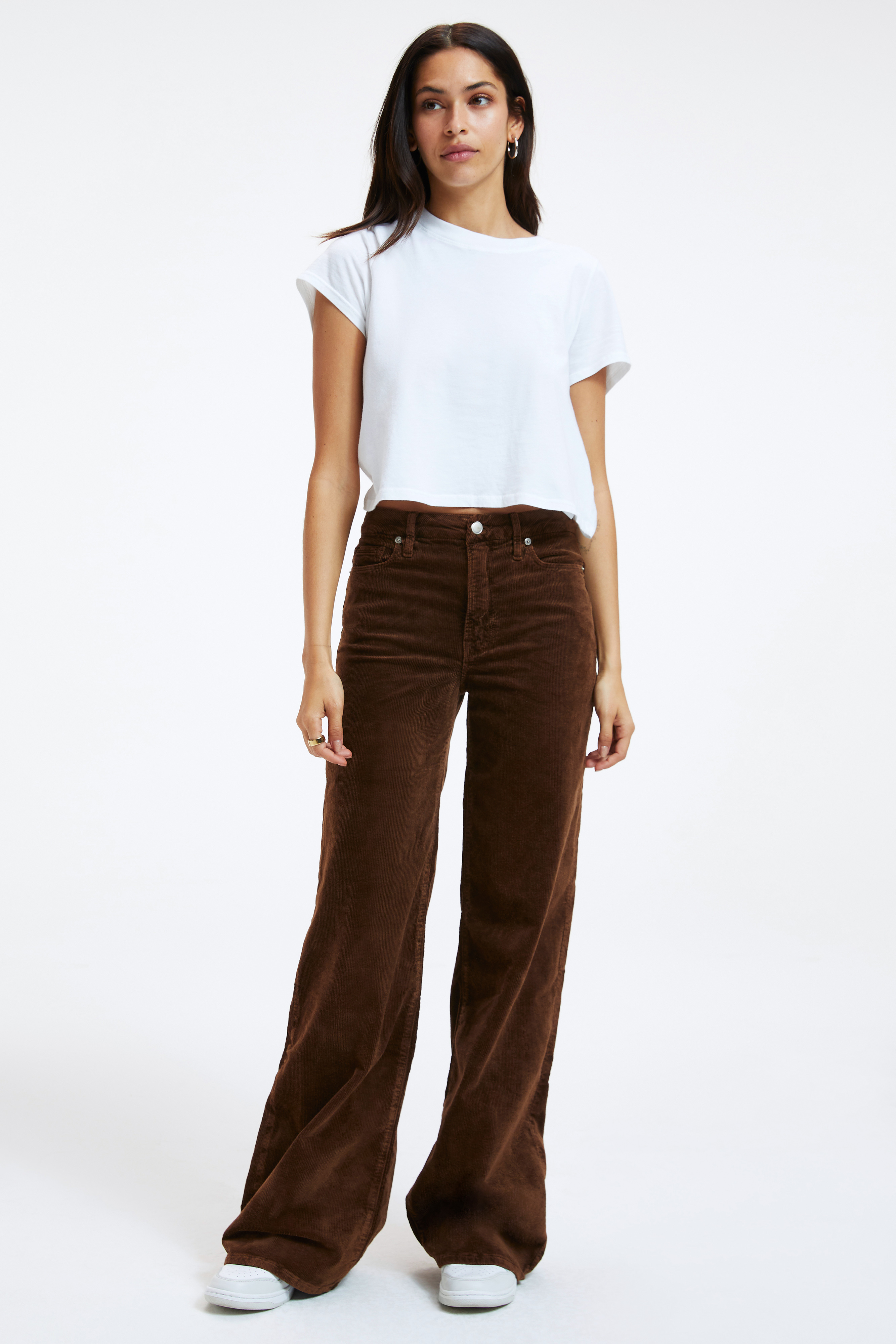 GOOD SKATE CORDUROY PANTS in MOCHA001 styled with our COTTON RELAXED CREW NECK in WHITE001, COTTON CROPPED TEE in WHITE001, or CORDUROY SHACKET in MOCHA001