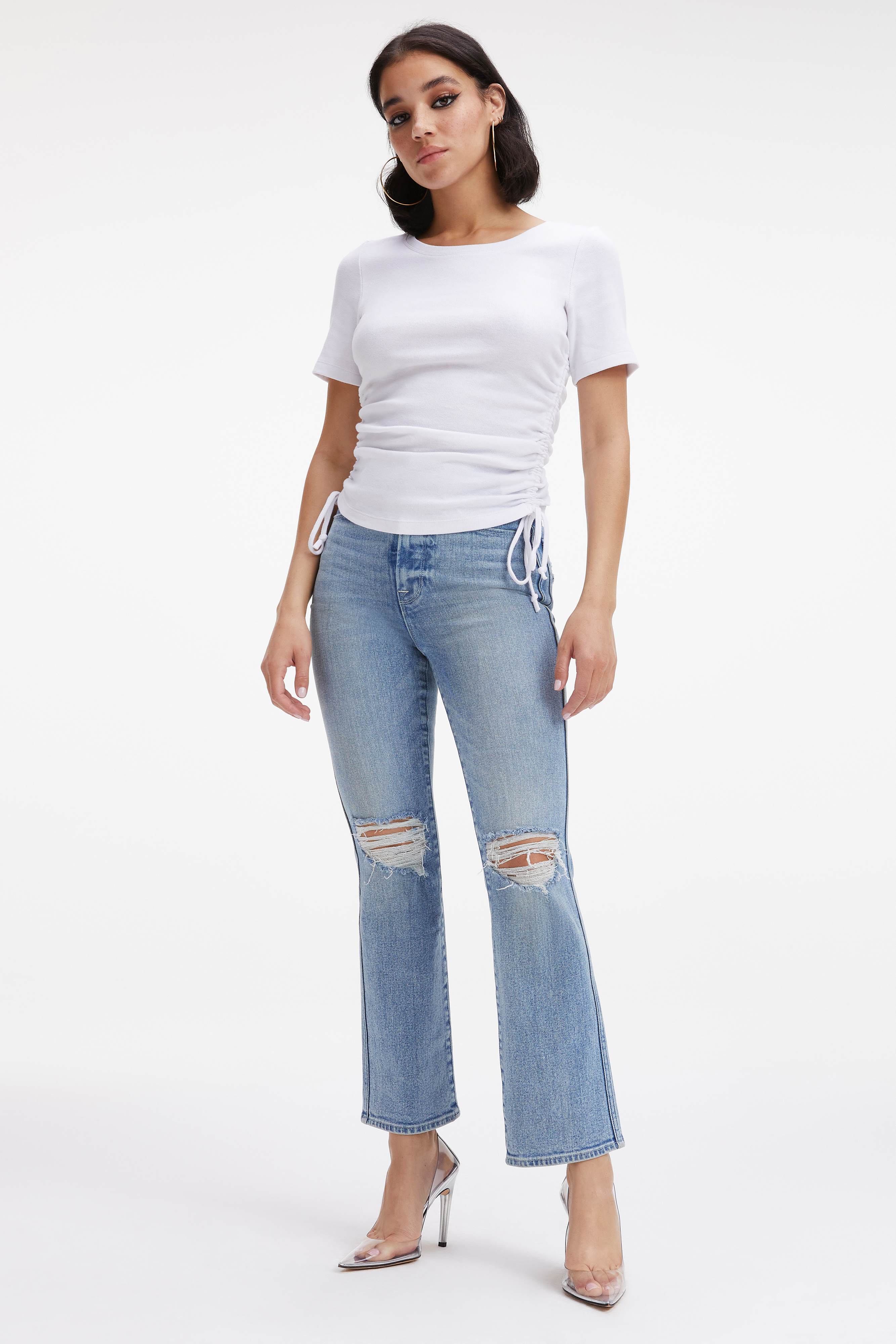 GOOD CURVE STRAIGHT JEANS in INDIGO247 styled with our or CINDER-F*CKING-RELLA PUMP in GLASS