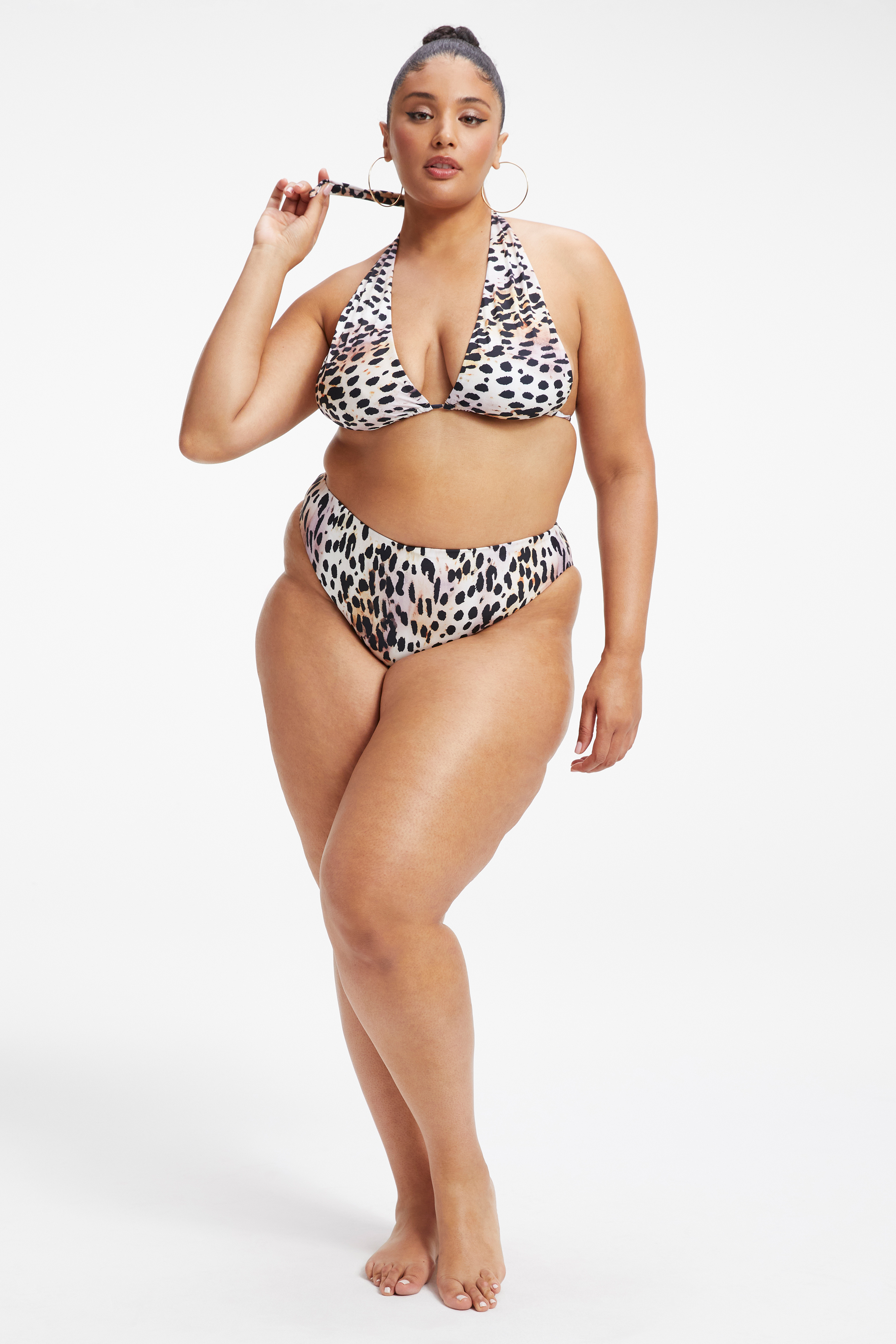 SATIN RUCHED HALTER TOP in ROSE CHEETAH001 styled with our SATIN GOOD WAIST CHEEKY BOTTOM in ROSE CHEETAH001, SATIN BETTER BIKINI BOTTOM in ROSE CHEETAH001, or SATIN SWIM BRIEF in ROSE CHEETAH001